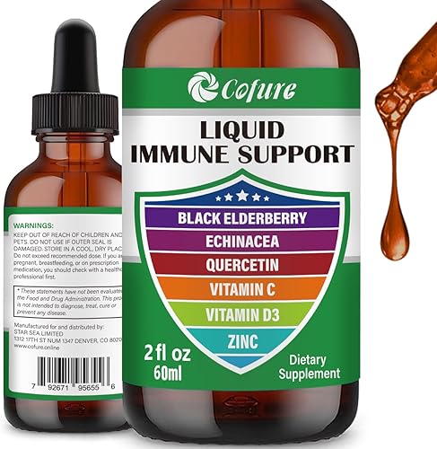 Miniatura 6 de Quercetina orgánica de equinácea saúco con zinc y vitamina C D3, suplementos líquidos 6 en 1 para apoyo inmunológico, vegano, sin OMG, sin gluten, 1