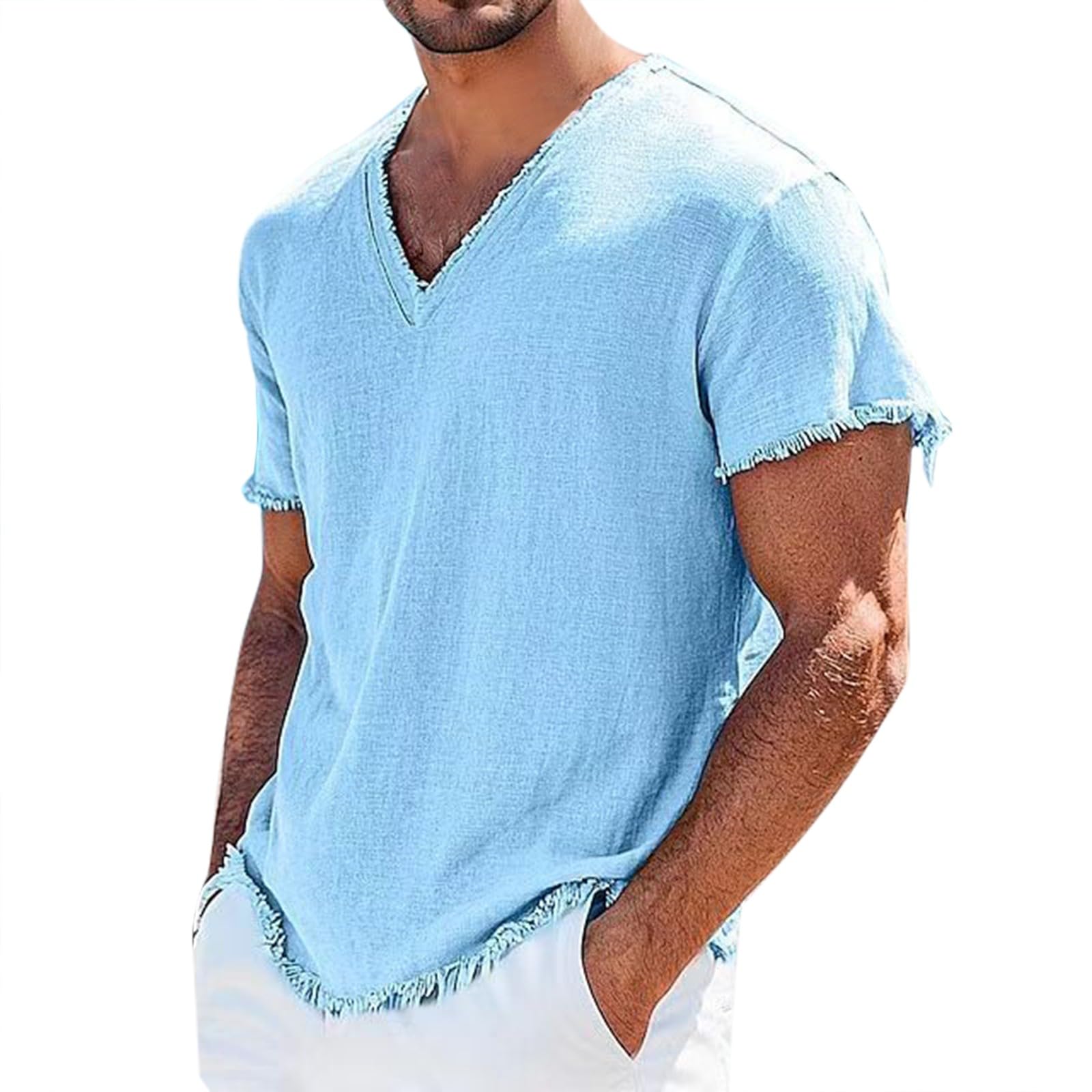 QXQLSH - Camicie da uomo in lino a maniche corte con scollo a V, bordo sfrangiato, finitura ruvida, traspirante, comoda, estiva