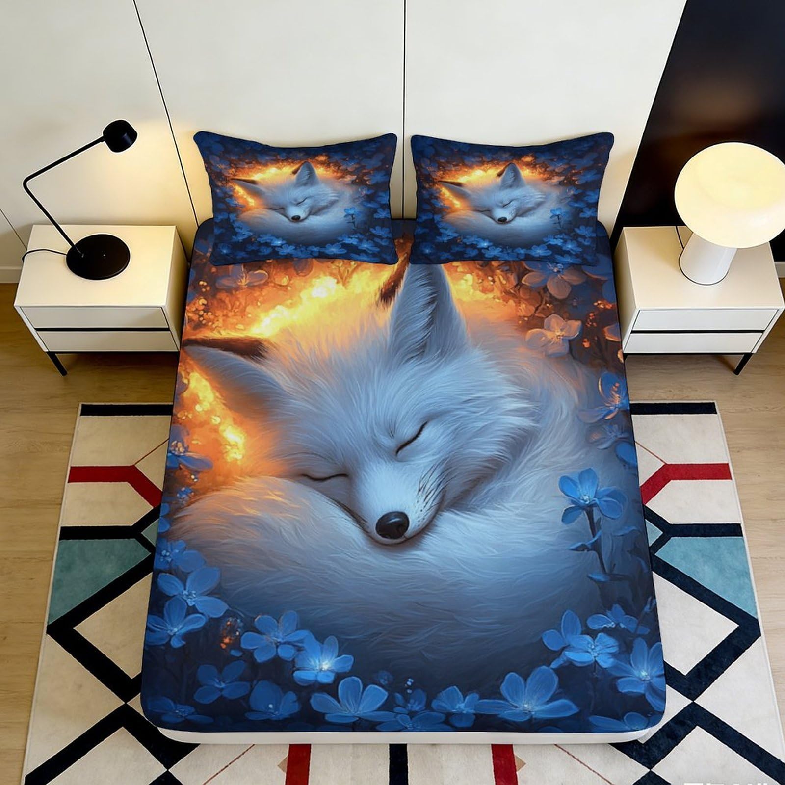 Uxinyoume Style-1 3D Printed Sleeping Fox Fitted Sheet Microfiber Soft Blue Fire Forest Bed Cover For Bedroom Guest Room Decor 90X200x25cm