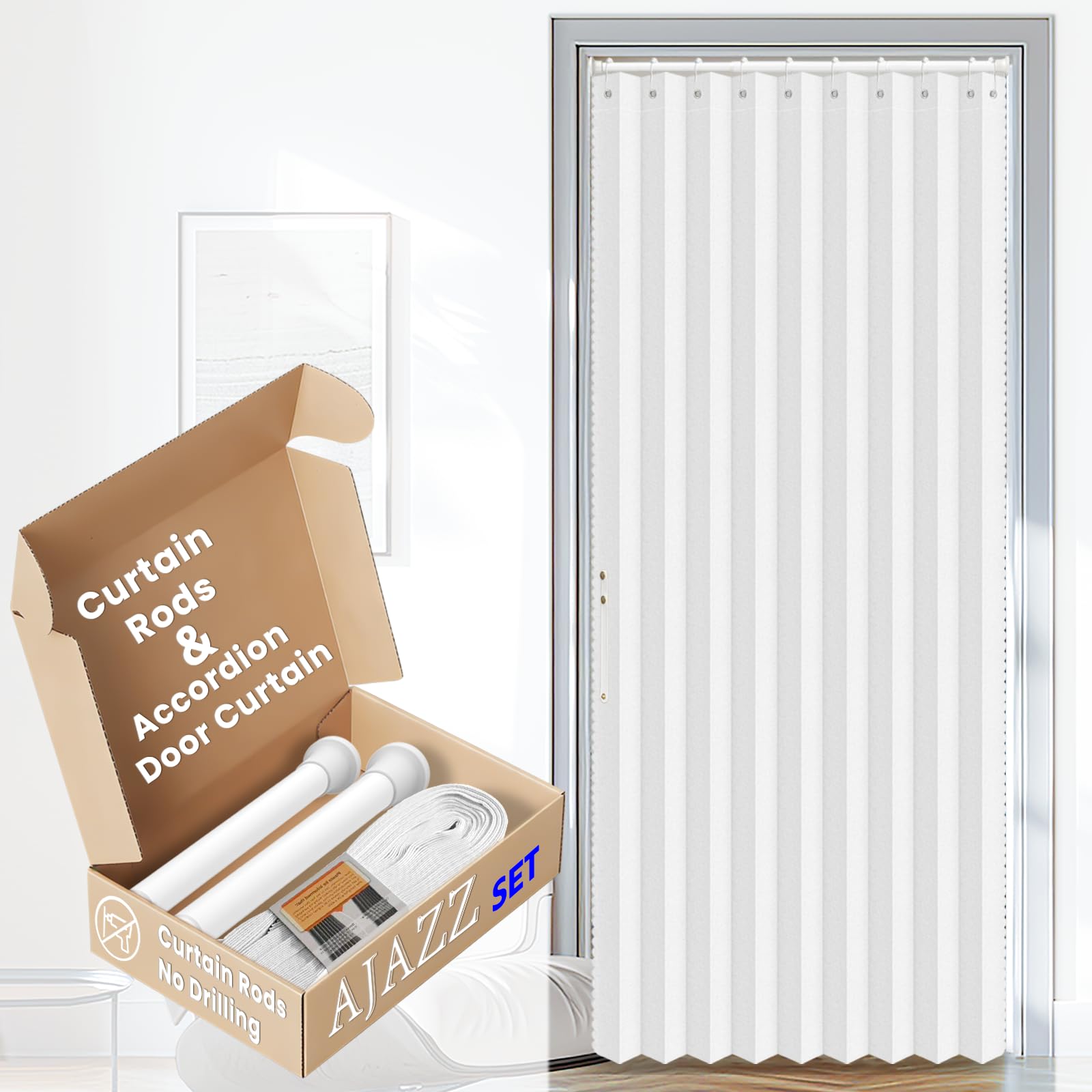 AJAZZ Blackout Magnetic Door Curtain with Curtain Rods Adjustable 28-39" Long Patio Door for Bedroom Living Room Accordion Doorway Curtain Sets (1 Pack, 42 W x 78 L, White)