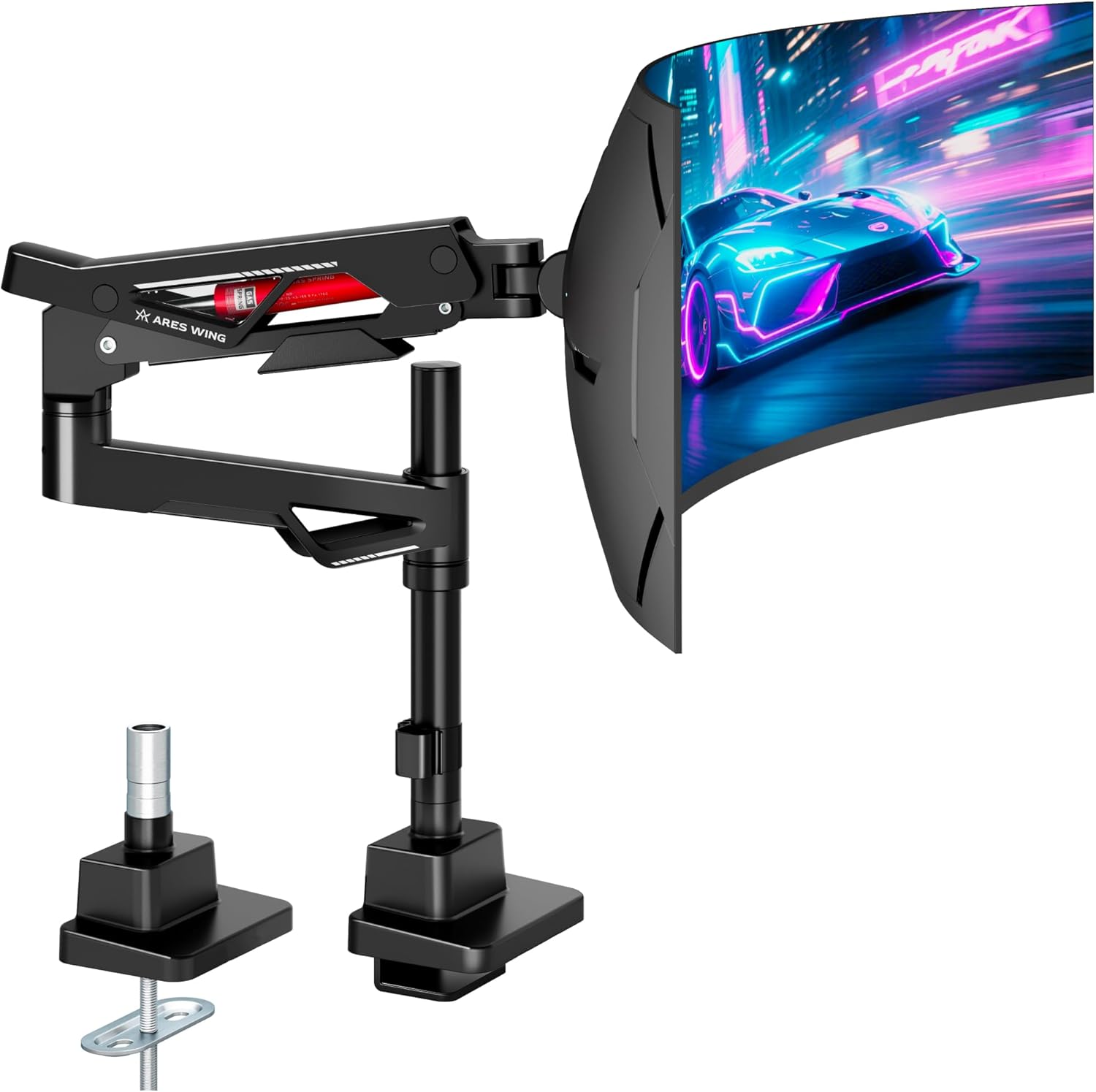 ARES WING Heavy Duty Monitor Arm, Ultrawide Monitor Stand up to 57” and 66 Lbs, Gas Sprinq Monitor Mount Height Adjustable Arms Monitor Stand for Desk Various VESA Mount with Clamp/Grommet Base