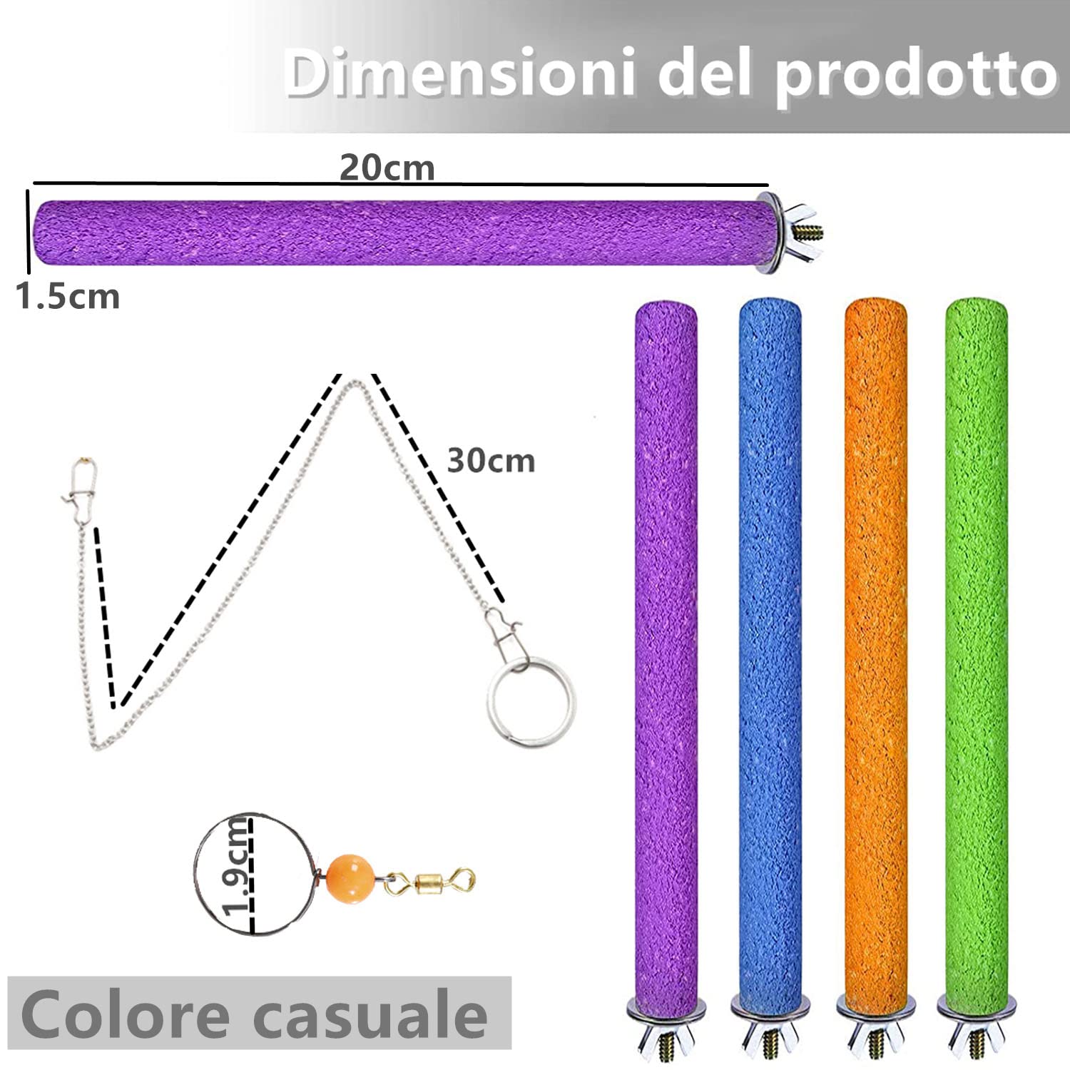 5 Pezzi 20cm Posatoi Pappagalli Giochi Trespoli Naturale Paw Grinding Giocattolo per Pappagalli Uccello Masticare Giocattoli della Viene fornito con un collare per pappagalli, Colore casuale