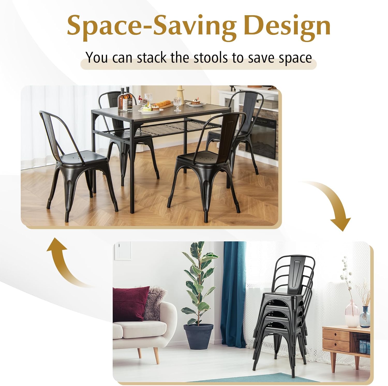 DORTALA Set of 4 Metal Dining Chair, Cafe Side Chairs w/Rubber Feet, Stylish and Modern Chairs, Stackable Bar Cafe Side Chair, Black