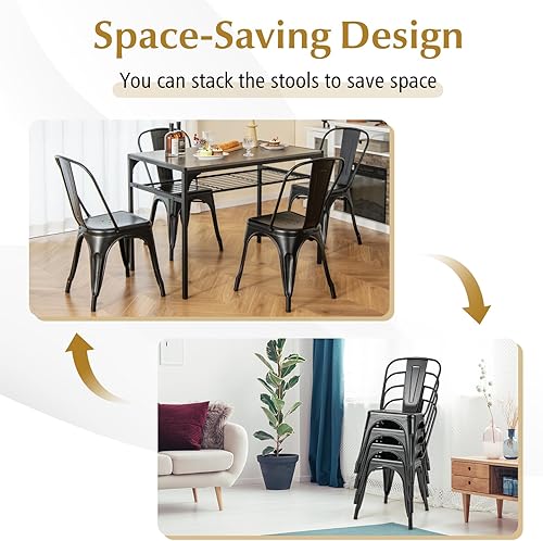 Miniatura 4 de DORTALA Juego de 4 sillas de comedor de metal, sillas auxiliares de café con patas de goma, sillas elegantes y modernas, silla auxiliar apilable