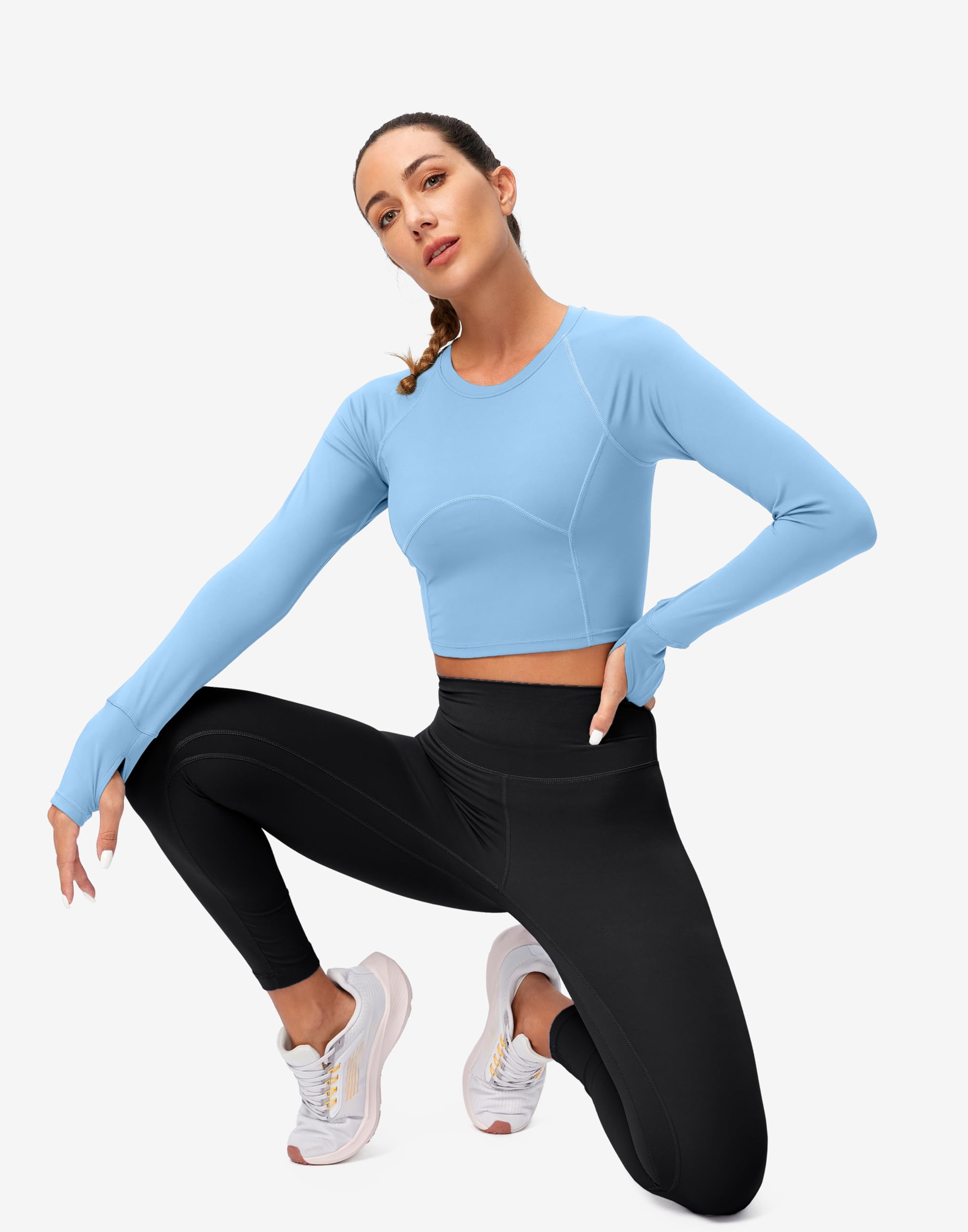 SANTINY Haut court à manches longues pour femme - Coupe ajustée - Pour gym, yoga, course à pied