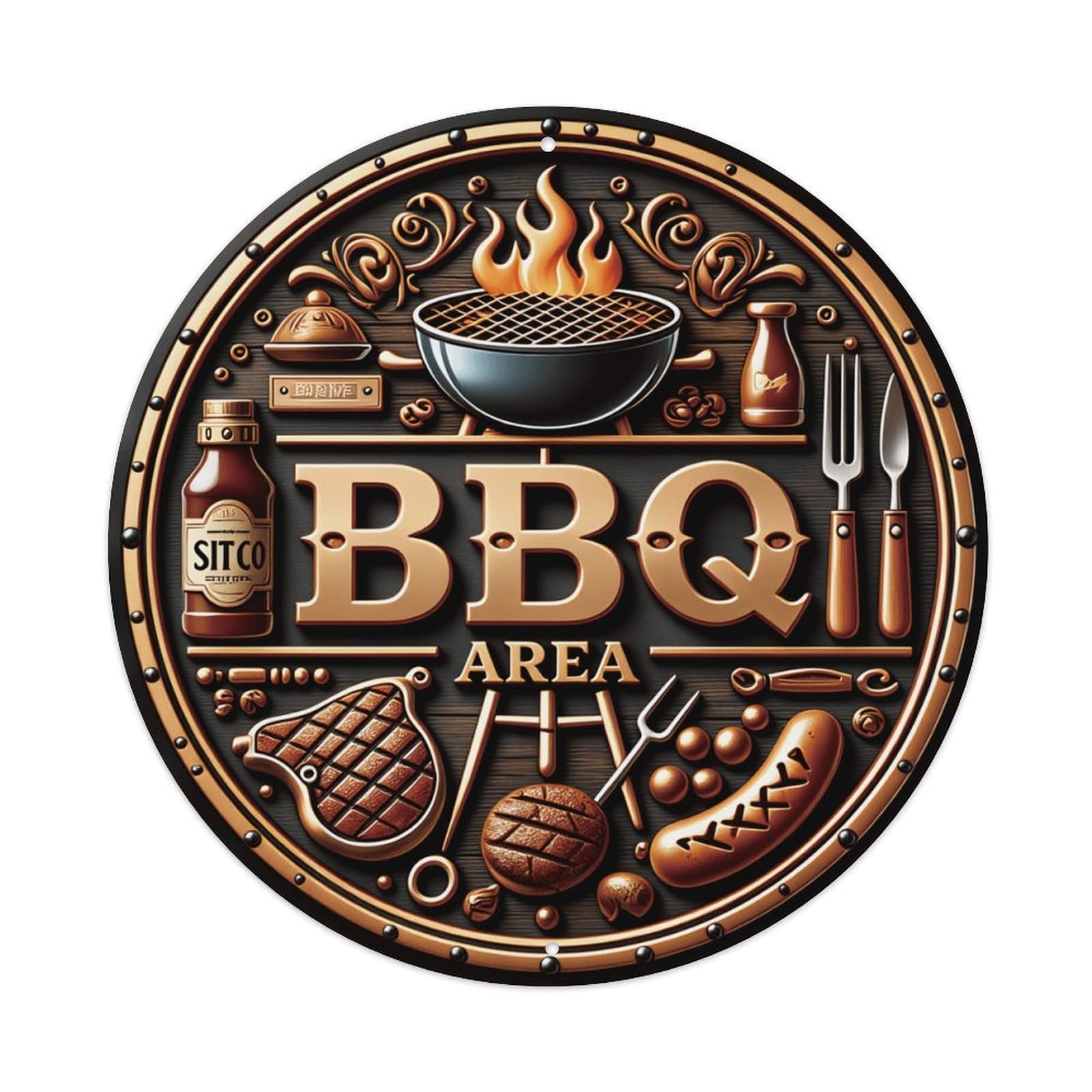 Ldfuieksufg Style Round Vintage Bbq Area Grill Meat Tools Metal Wall Sign Vintage Aluminium Metal Sign, Retro Wall Decor For Home, Bar, Garage & Farmhouse 20X20cm