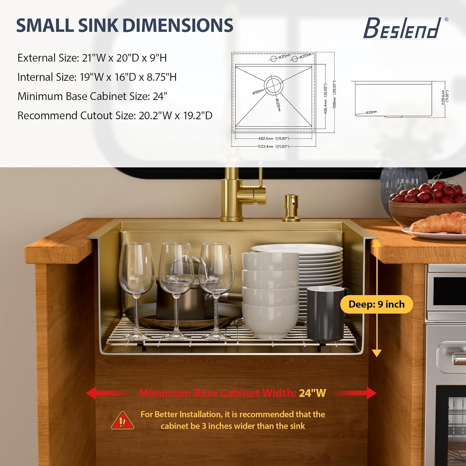 21 Outdoor Kitchen Sink Gold - Beslend 21x20 Gold Outdoor Sink Bar Sink RV Sinks Drop In, Topmount Stainless Steel Kitchen Sinks Workstation 16 Gauge Single Bowl Above Counter Indoor Outdoor