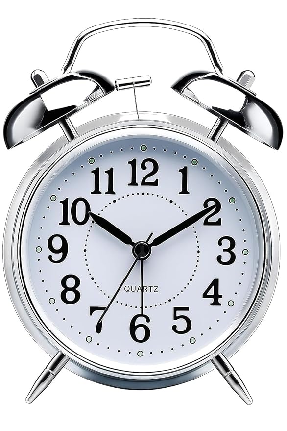 Kadio Retro Twin Bell Table Clock, Metal Frame Alarm Clock with Night Backlight, Silent Movement, High Volume for Heavy Sleeper Alarm for Home, Office, Bedroom, Living Room, Home Decor (Silver Clock)