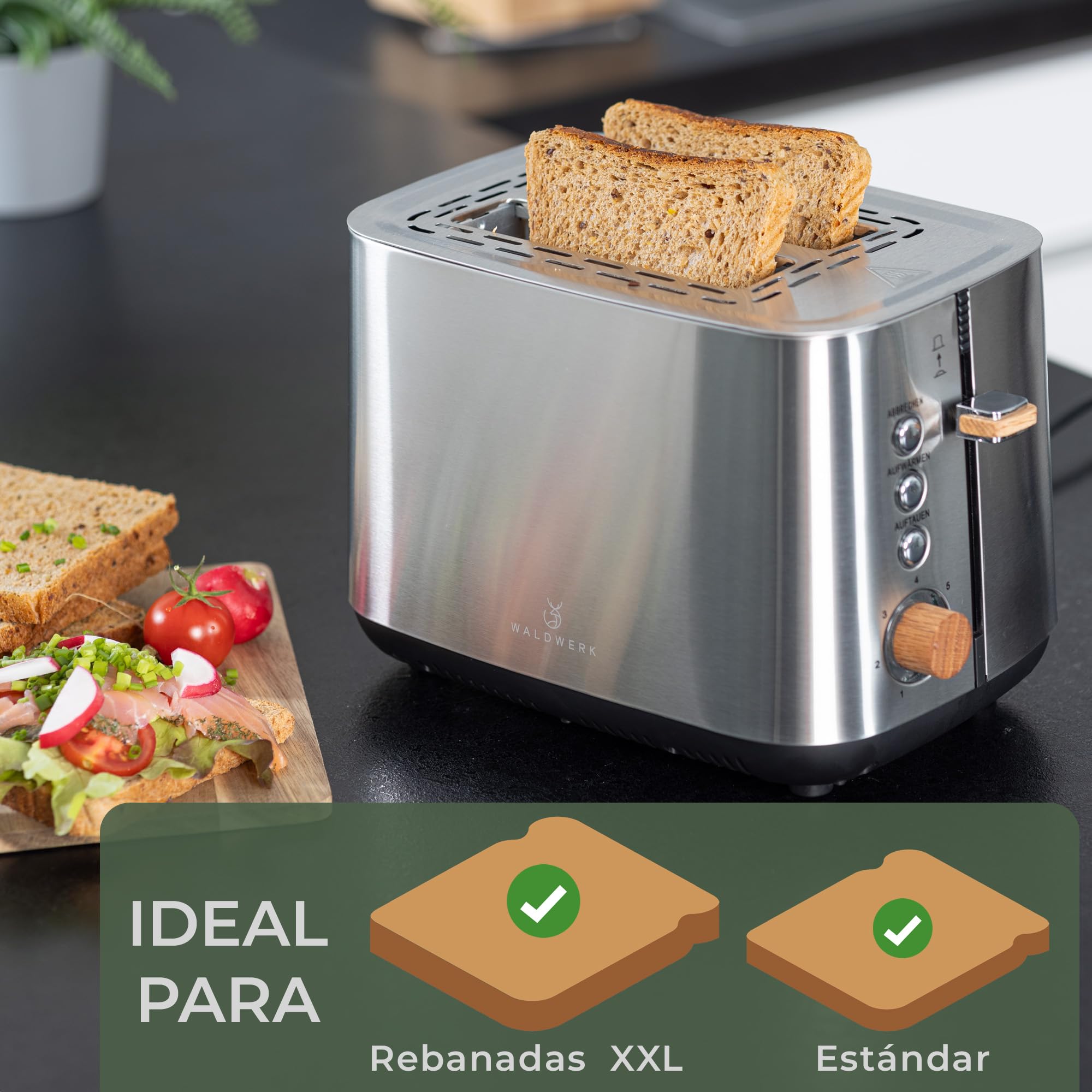 WALDWERK Tostadora Pan diseño – Tostador de acero inoxidable 304 y madera de roble – para 2 rebanadas – con soporte para panecillos – con ranuras extra anchas y profundas – con bandeja recogemigas