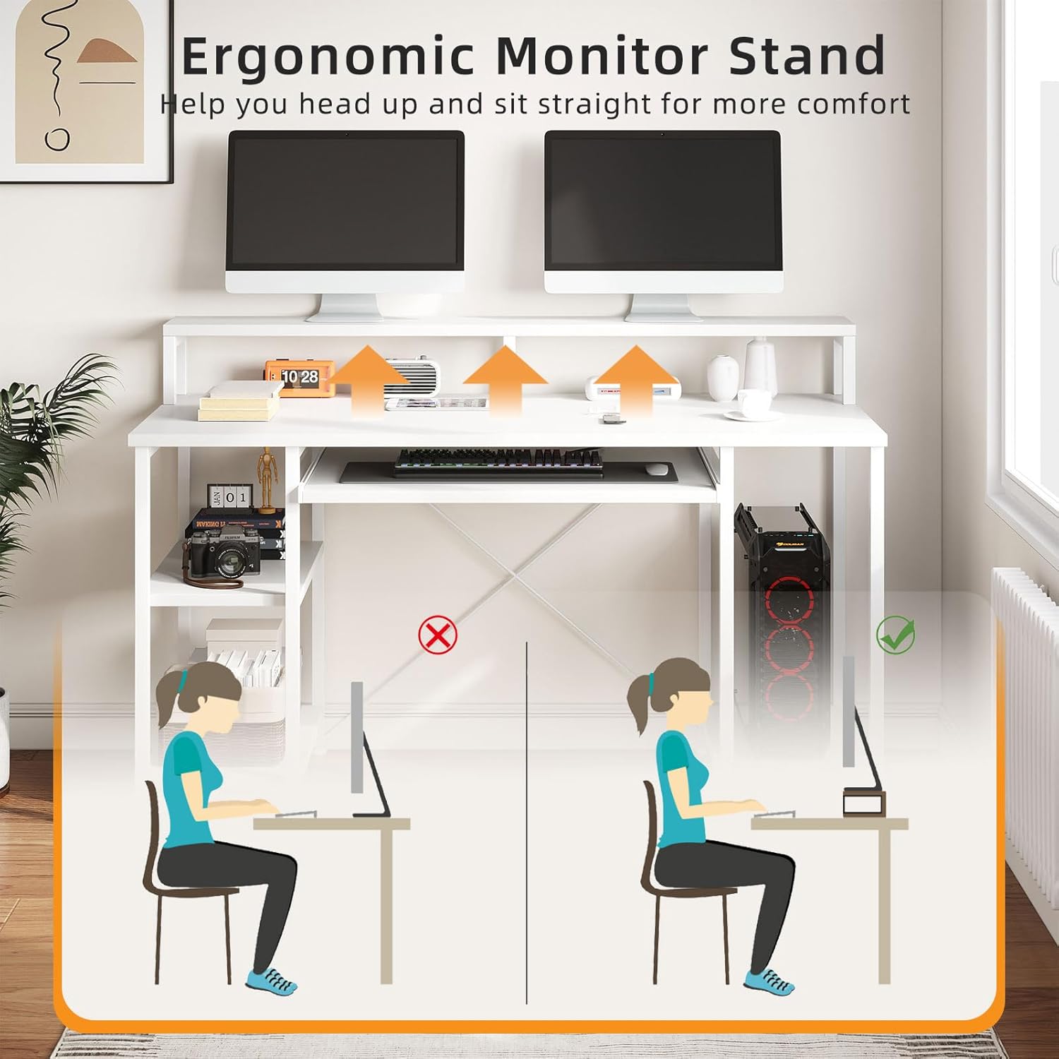 Diagram illustrating the ergonomic benefits of the monitor stand on the VERMESS 48 Inch Computer Desk, promoting better posture.