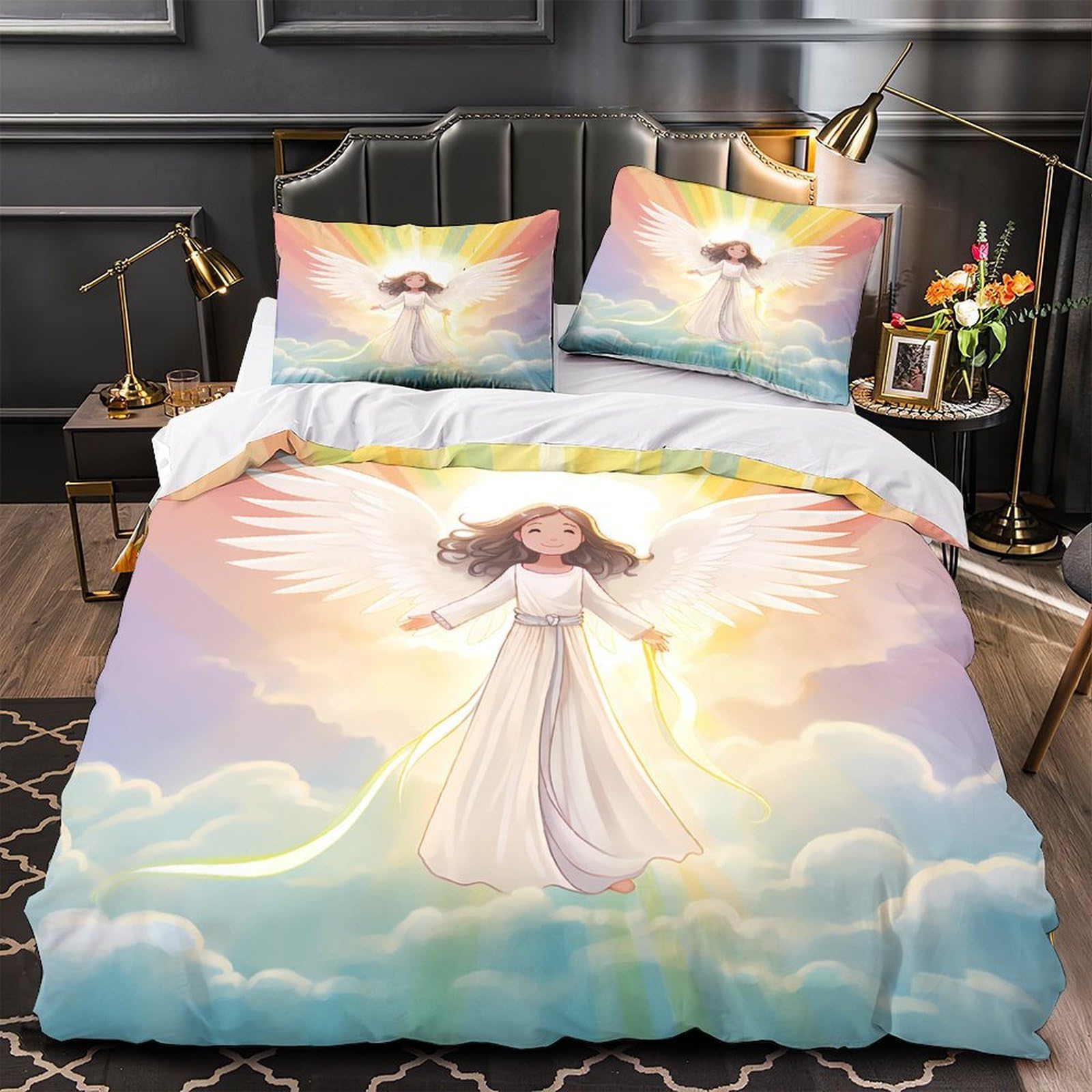 Housse de couette design ailes d'ange 3D en microfibre premium douce pour lit simple 135x200