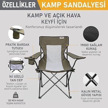 Haegs Kamp Sandalyesi, Outdoor, Plaj ve Piknik için Katlanır Kamp Sandalyesi, Saklama Cepli, Bardak Tutuculu, Extra Destekli, 120 Kg Taşıma Kapasiteli, Standart Boy - Mavi