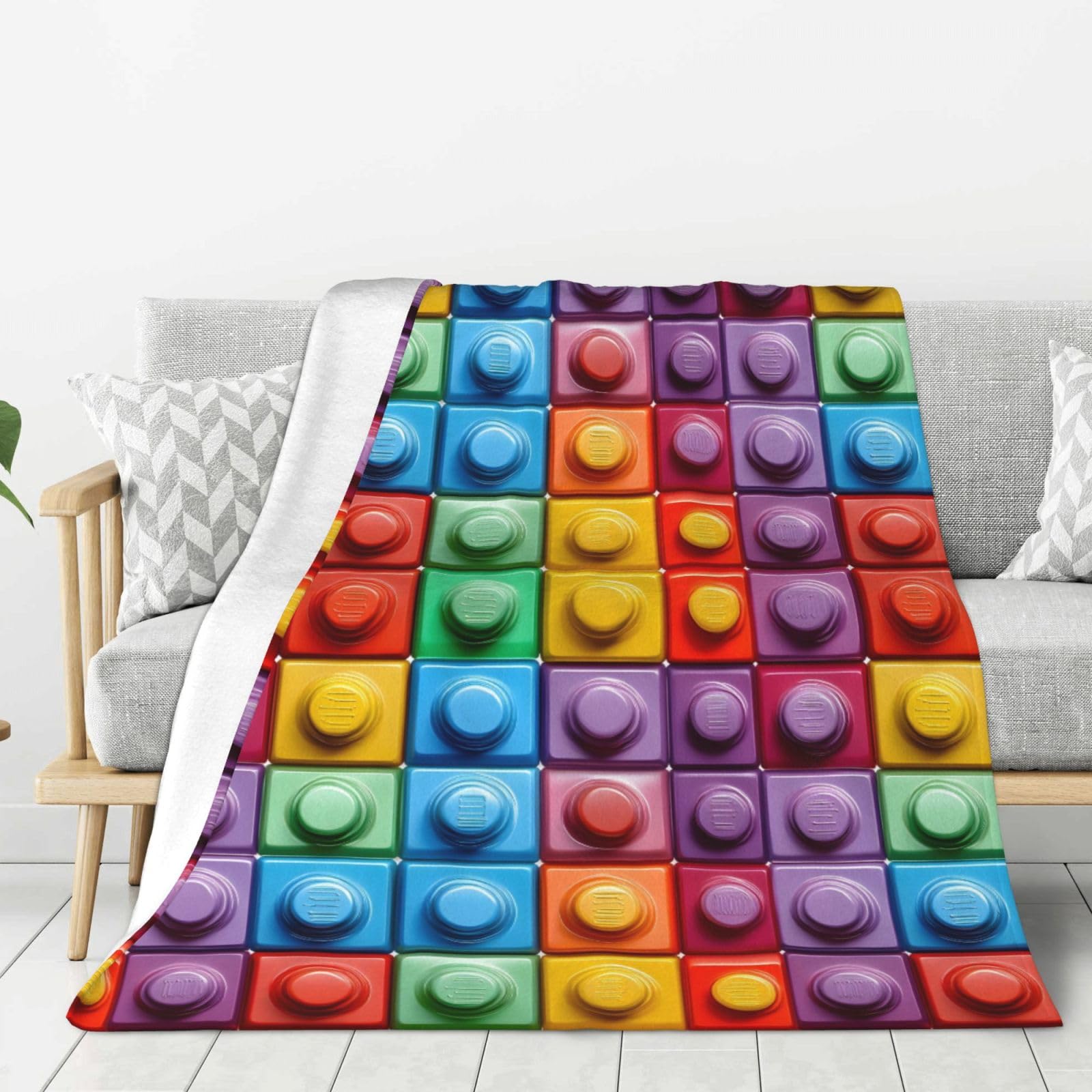 Couverture douce en flanelle 127x152 cm à motif blocs pour canapé et lit
