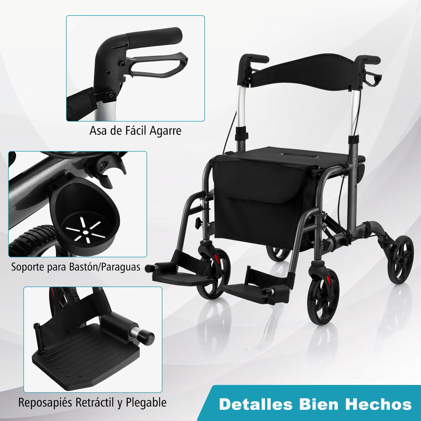 COSTWAY 2 en 1 Andador para Ancianos con Asiento, Andador Rollator Multiusos con Alturas Ajustables de 6 Niveles, Soporte para Bastón/Paraguas, Andador Plegable para Personas Mayores (Negro)
