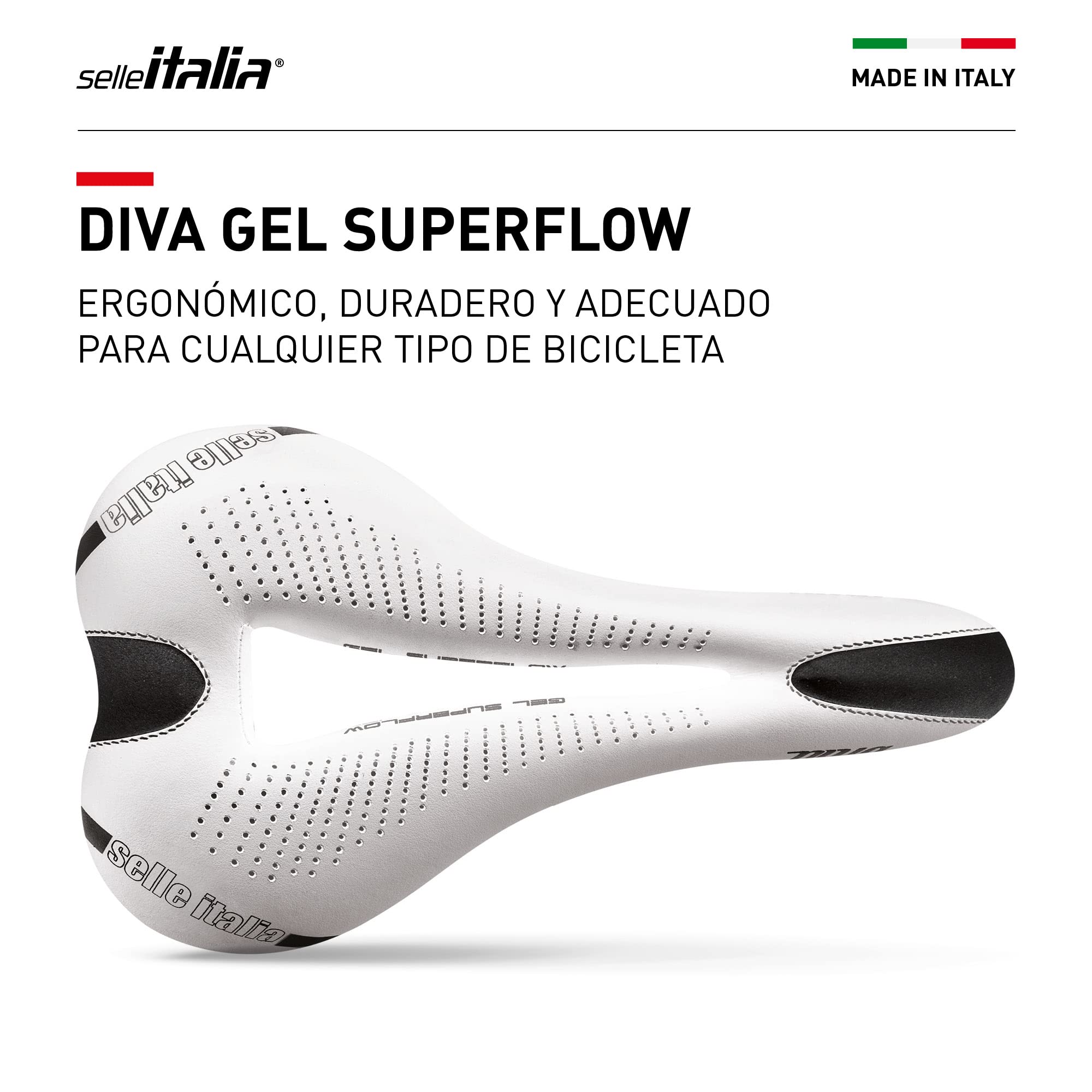 Selle Italia DIVA Gel Superflow - Sillín Bicicleta Mujer, Bicicleta Ciudad, Montaña, City Bike, Cómodo con Agujero Anatómico, Acolchado Gel Ligero - Talla L3, Blanco