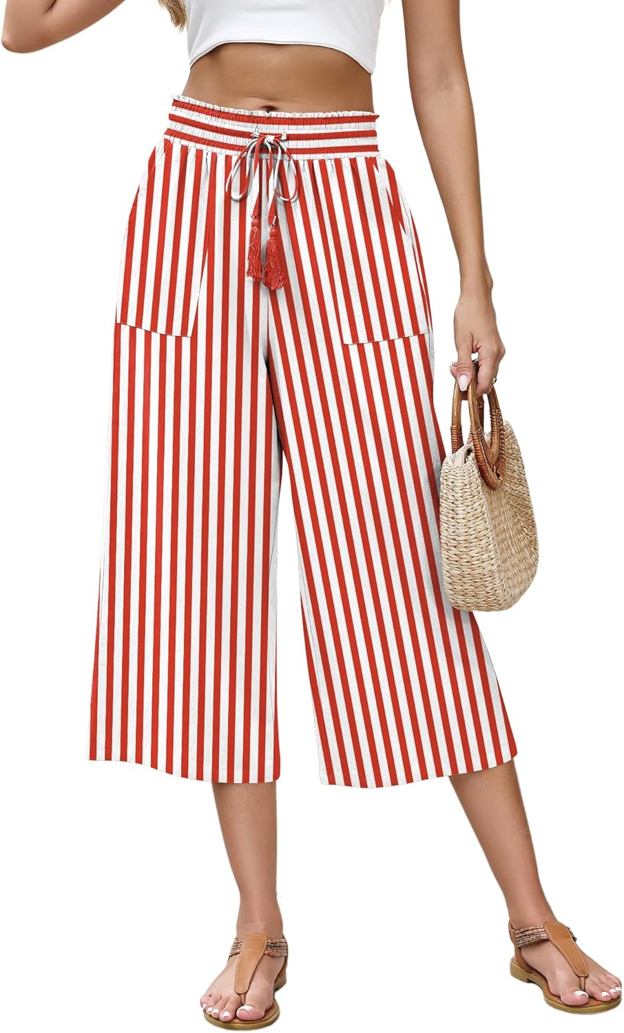 LOMON Women's Linen Capri Pants Wide Leg with Drawstring Elastic Waist Casual Cropped Pant