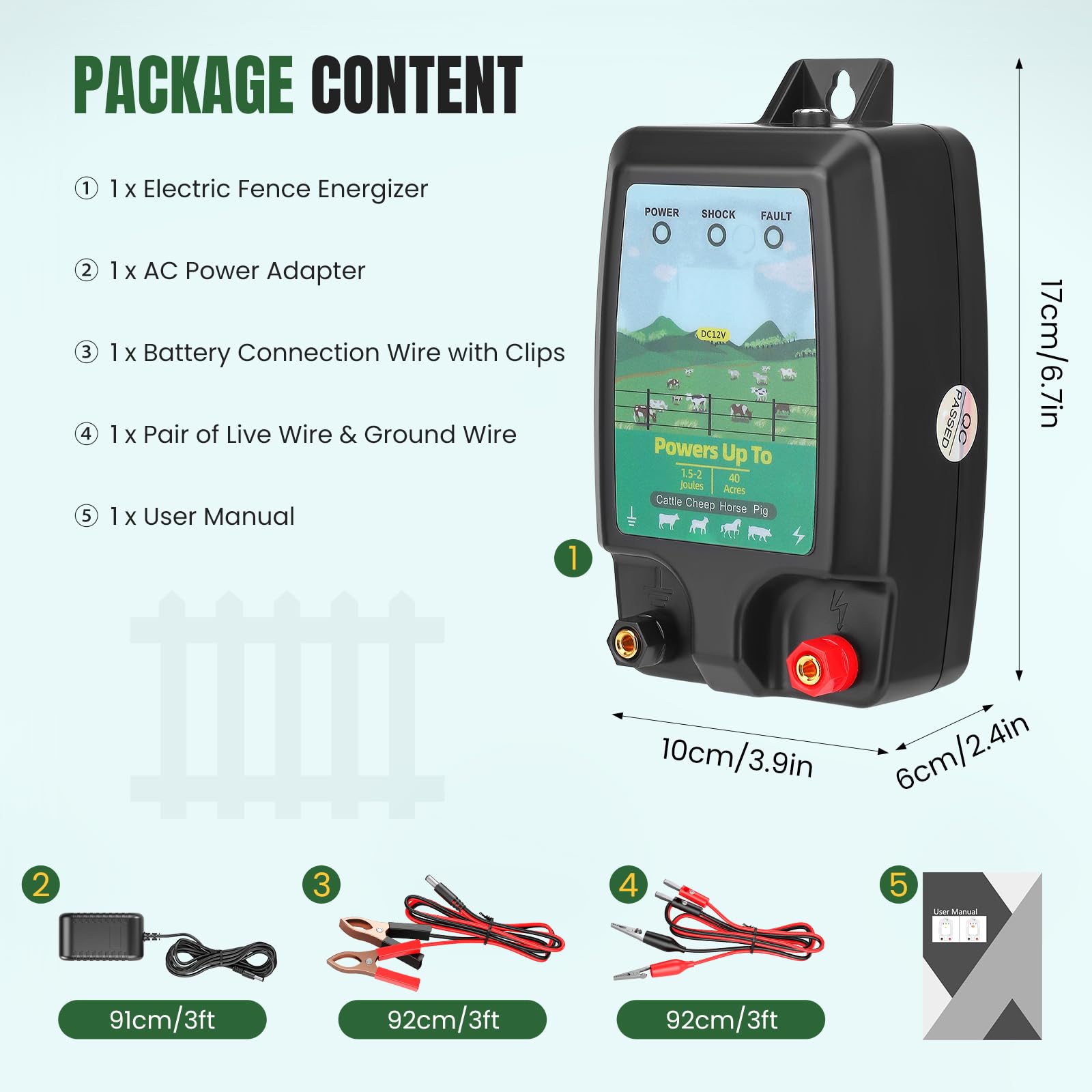 Energizador de Cerca eléctrica GJCrafts, Alcance de 10 km, 1,5-2 J - Energizador de Cerca eléctrica para Ganado y Mascotas - Triple alimentación (230 V/12 V/Solar) - Resistente al Agua IP45 - Incluye