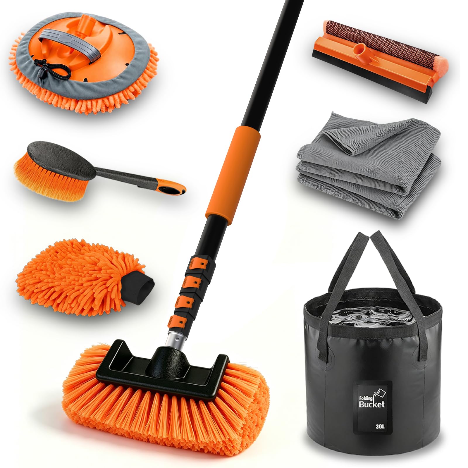 SISUPASSIE Kit de Nettoyage Voiture 3,6 m, Brosse Nettoyage Voiture Télescopique, Raclette Vitre, Serpillière Microfibre, Brosse à Jantes, Gant de Lavage, Idéal pour Camion, Camping-Car, Bateau