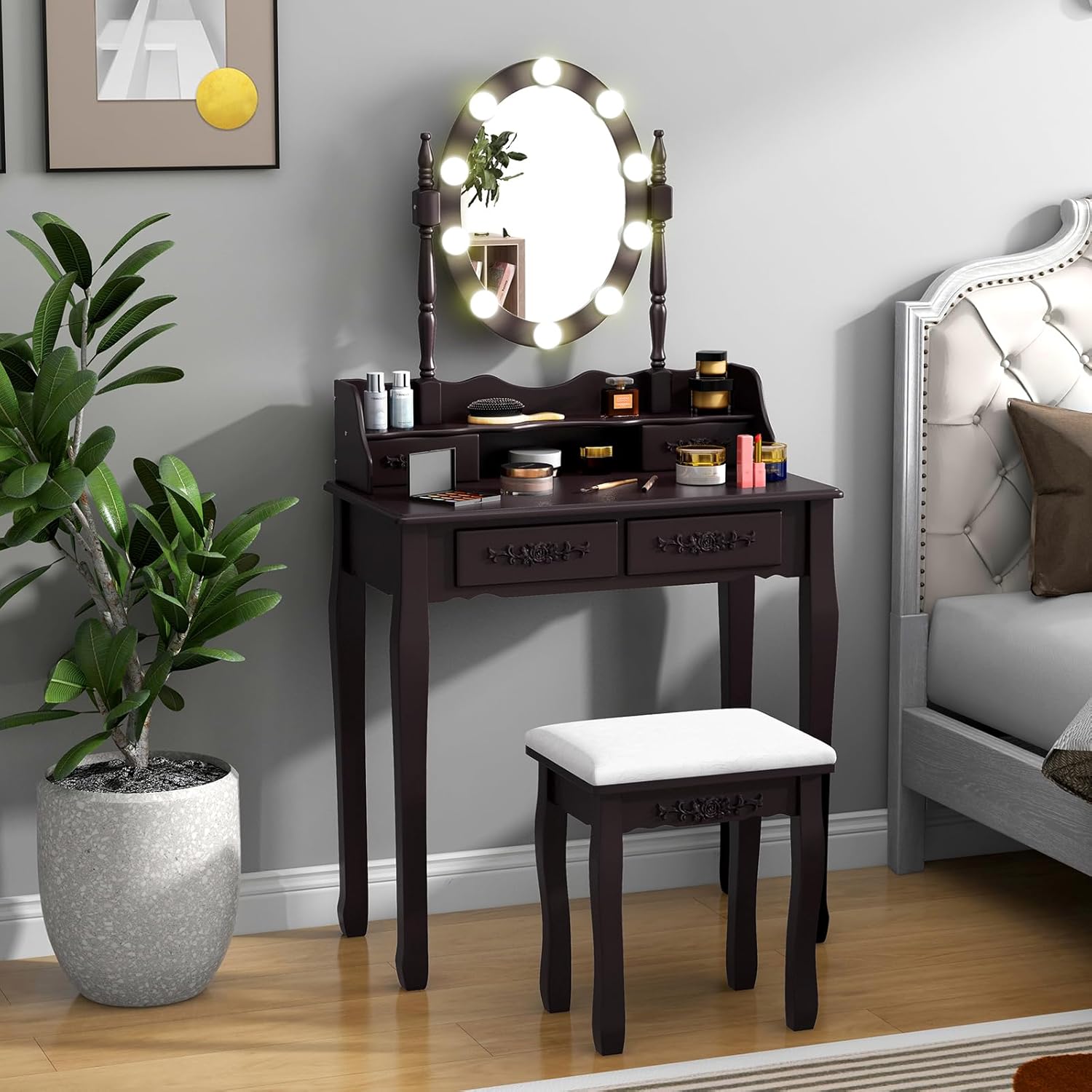 CHARMAID Girls Vanity Table with Lighted Mirror and Stool