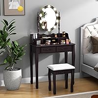 Vista 1 de CHARMAID Mesa de tocador para niñas con espejo iluminado y taburete, 10 luces LED regulables, 3 modos de iluminación de color, 4 cajones, mango