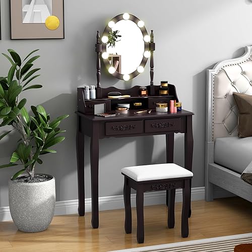 CHARMAID Mesa de tocador para niñas con espejo iluminado y taburete, 10 luces LED regulables, 3 modos de iluminación de color, 4 cajones, mango en disponible en Yaxa Costa Rica