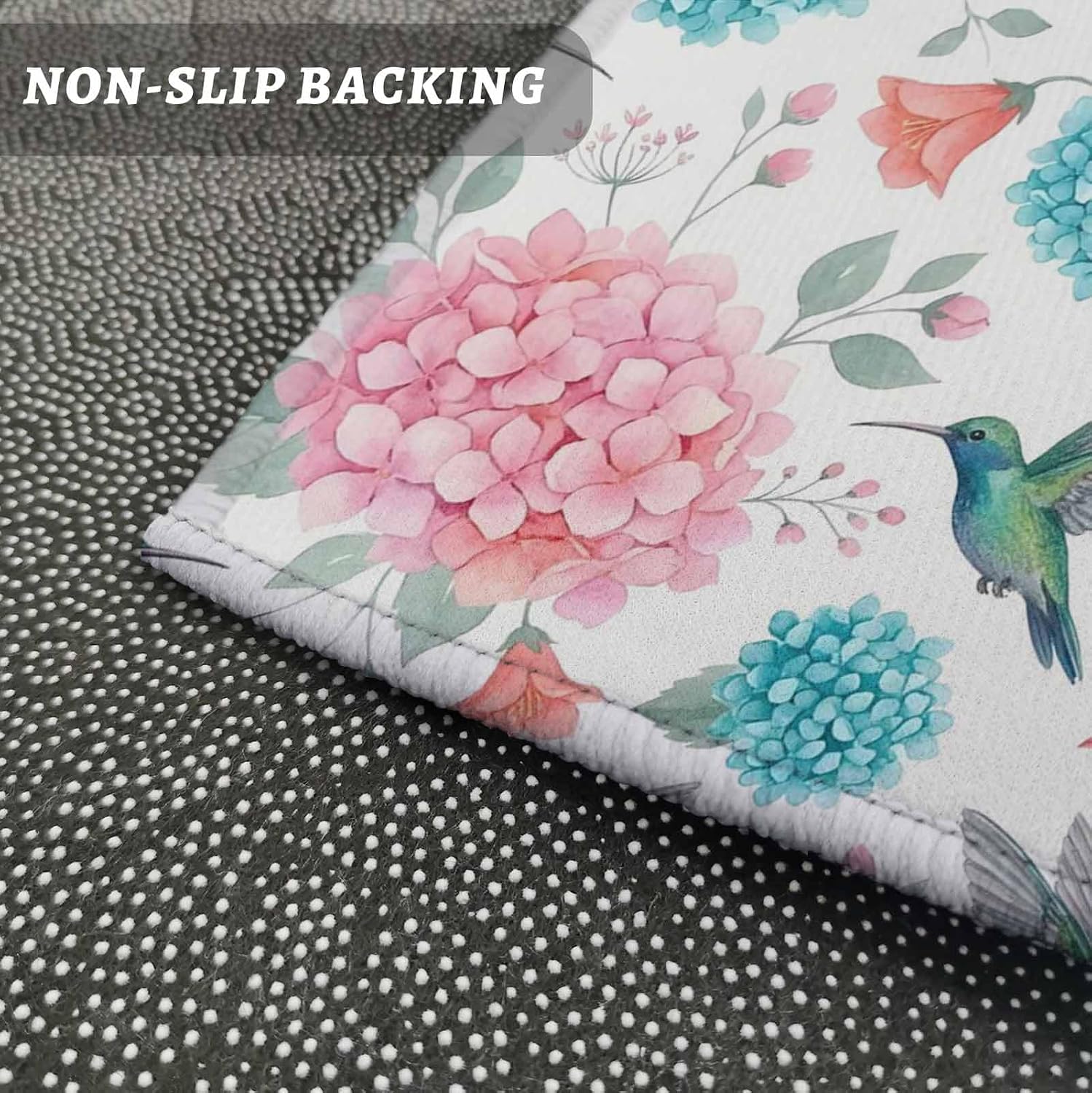 Teamery Kitchen Mats for Floor Watercolor Teal Pink Hydrangea Washable Non Slip Kitchen Rugs 1PCS, Hummingbird Leaves Plant Absorbent Standing Mats for Sink Bathroom Office Living Room 23.6x70.9in