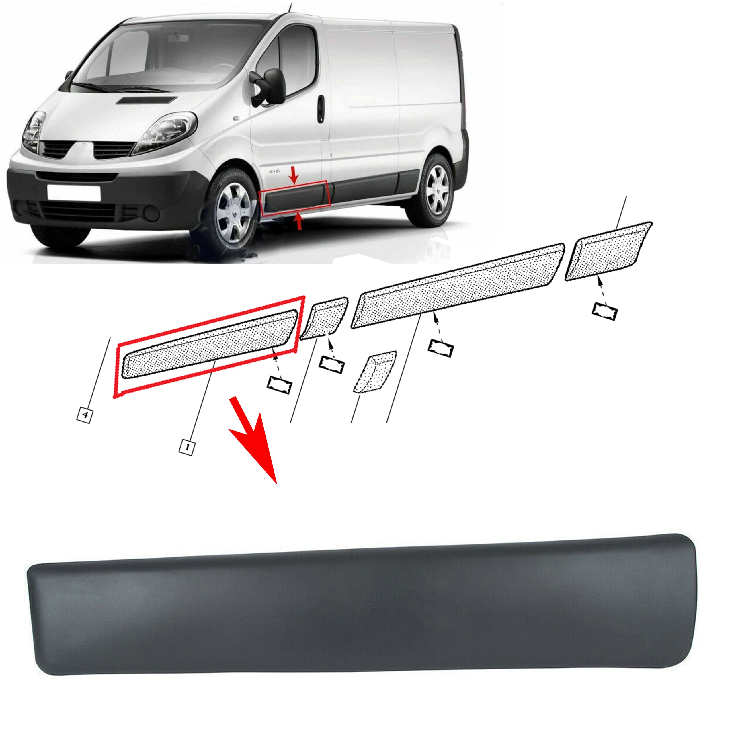 Juego completo de molduras de puerta lateral para carrocería larga Vivaro Trafic MK2 Primaster 2001-2014 (conjunto izquierdo EL)