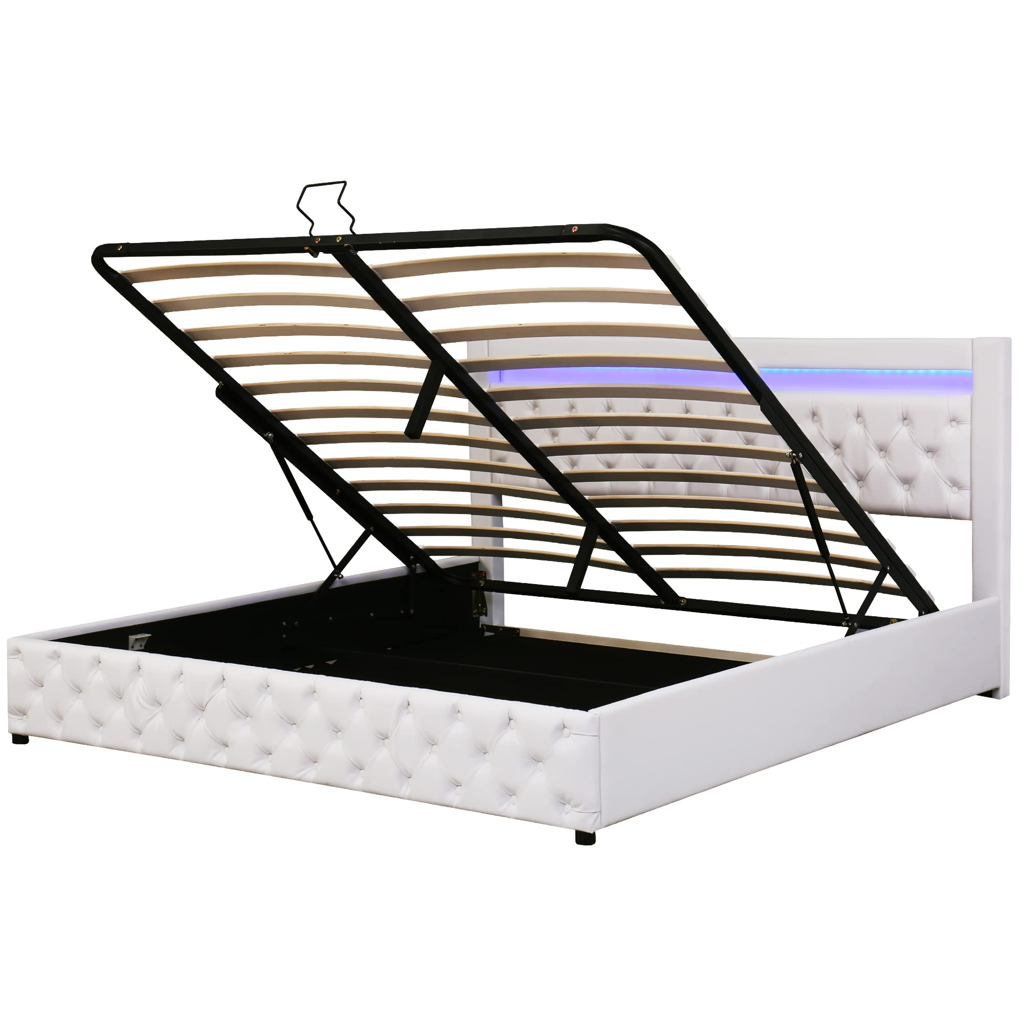 Cama hidráulica de 180 x 200 cm, Cama de Matrimonio con somier y Espacio de Almacenamiento, Incluye Barra de iluminación LED (Blanco, 180 x 200cm)