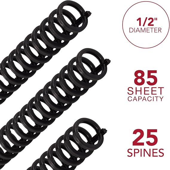GBC Binding Spines / Spirals / Coils, 1/2 Diameter, 85 Sheet Capacity, ProClick, Black, 25 Pack (2515660)