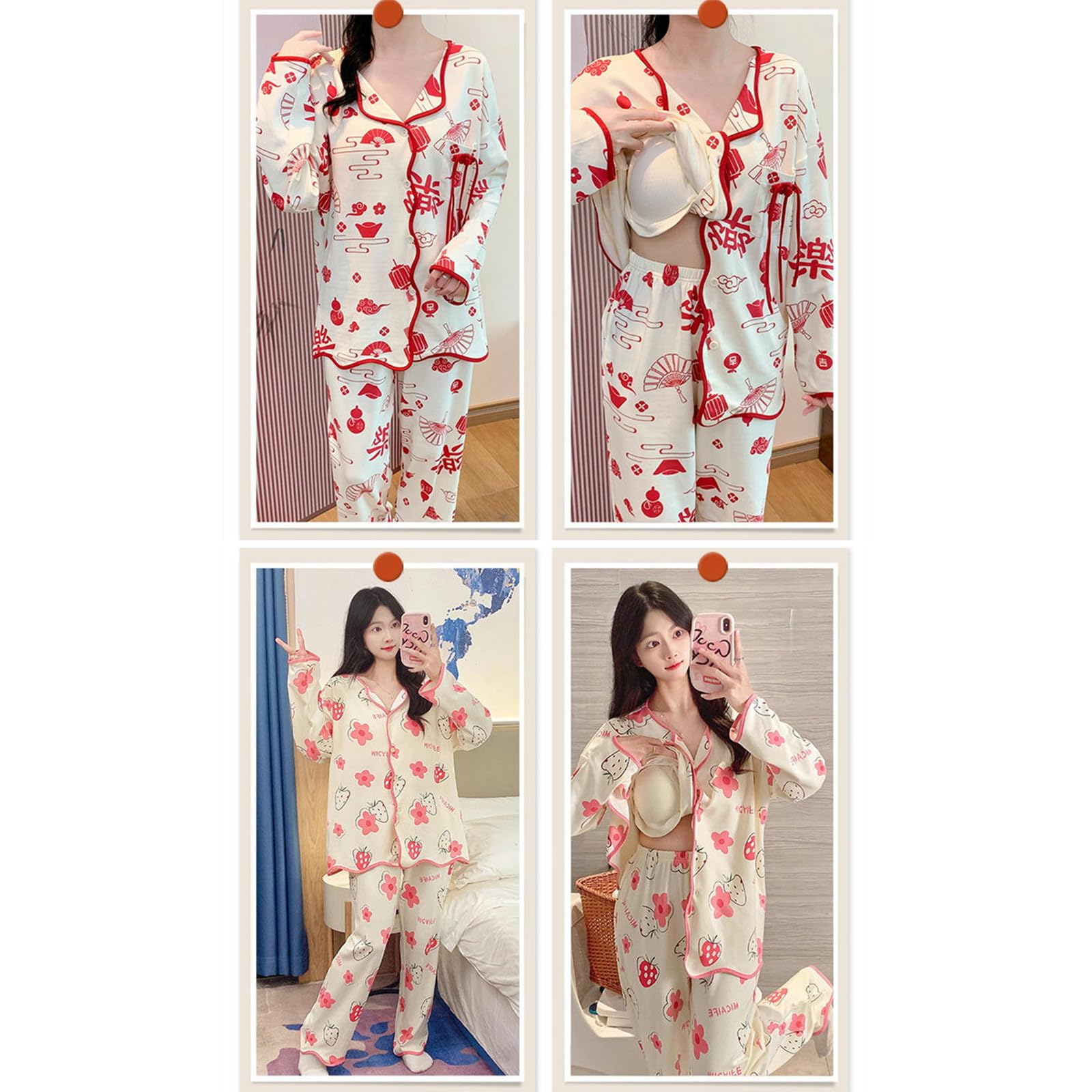 Pigiama Donna Pigiama da Donna in Stile Cardigan per Autunno E Inverno - Maniche Lunghe, Protezioni per Il Petto, Pantaloni Lunghi, Vestiti per La Casa in Cotone-Rosa-l