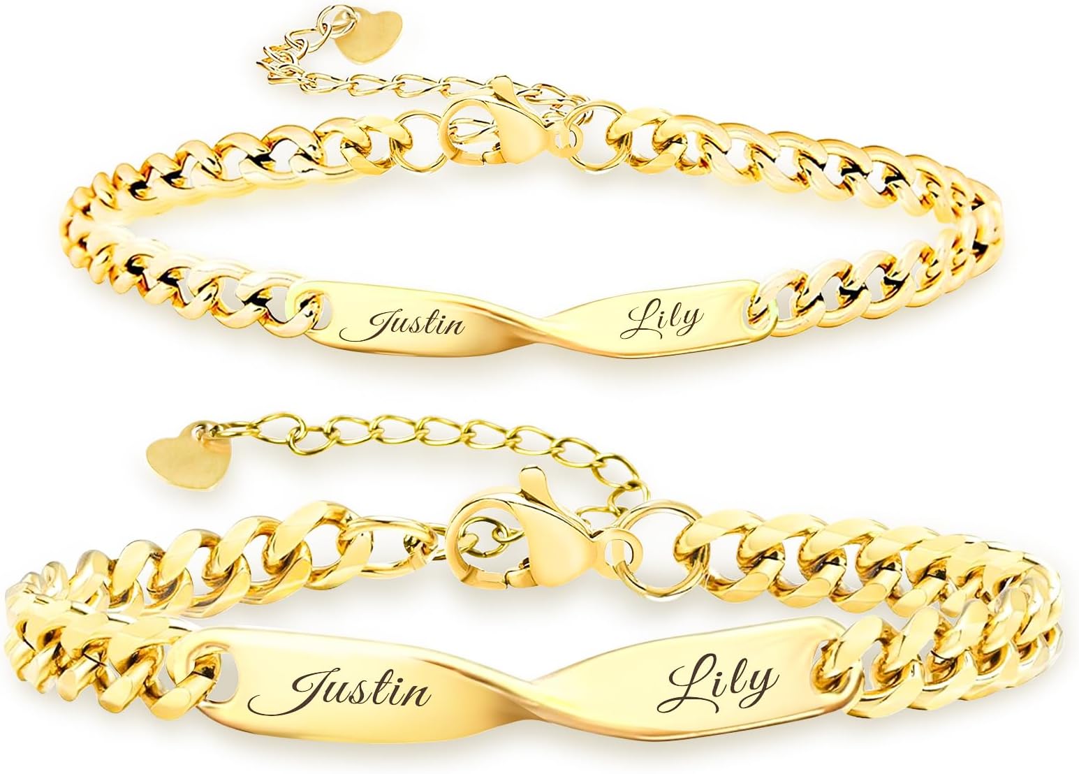 – Personalized Infinity Couple Chain Bracelet Set,Customizable Name Engraving, Adjustable Length with Heart Charm, Matching His and Hers Jewelry