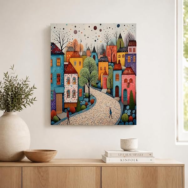 Qiukoo Framed Canvas Wall Art – Colourful Town Artwork, Waterproof Modern Print with Hook, Whimsical Wall Decoration for Living Room, Bedroom Pictures for Wall or Prints for Walls – 12x16 Inch - 3