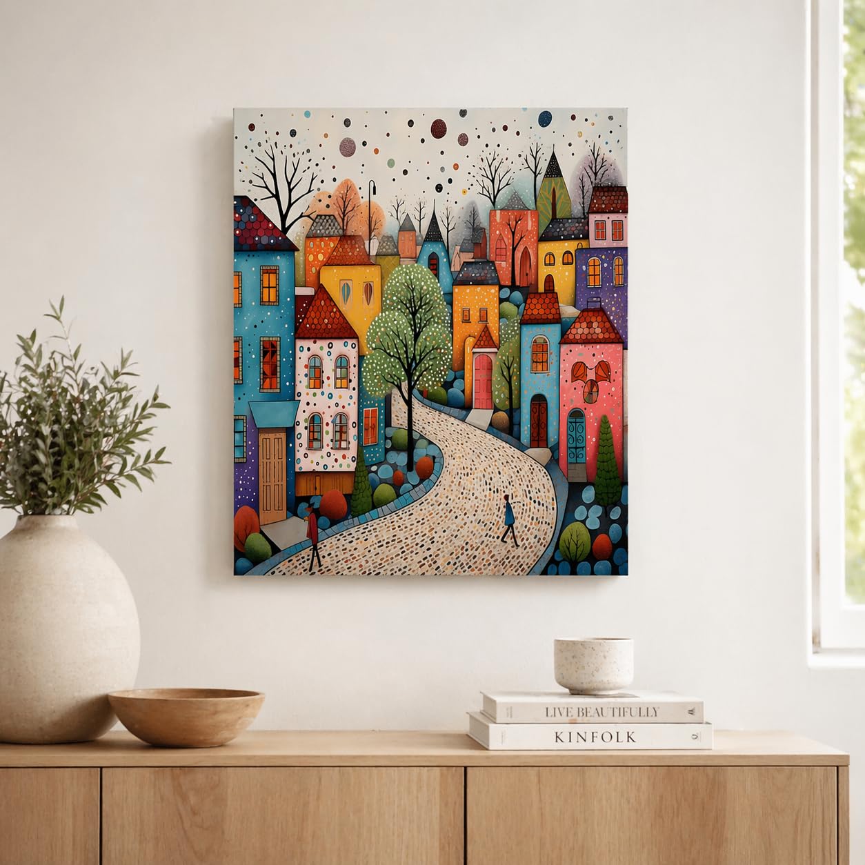 Qiukoo Framed Canvas Wall Art – Colourful Town Artwork, Waterproof Modern Print with Hook, Whimsical Wall Decoration for Living Room, Bedroom Pictures for Wall or Prints for Walls – 12x16 Inch — view 3