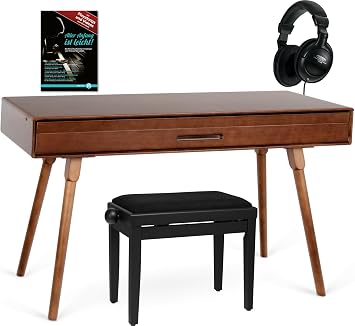 Classic Cantabile DP-730 WN Digital Piano Walnut Set - Table with Built-in Piano - 88 Keys with Hammer Mechanism - Includes Music Holder Pedal Unit Piano Bench Headphones and School - Walnut