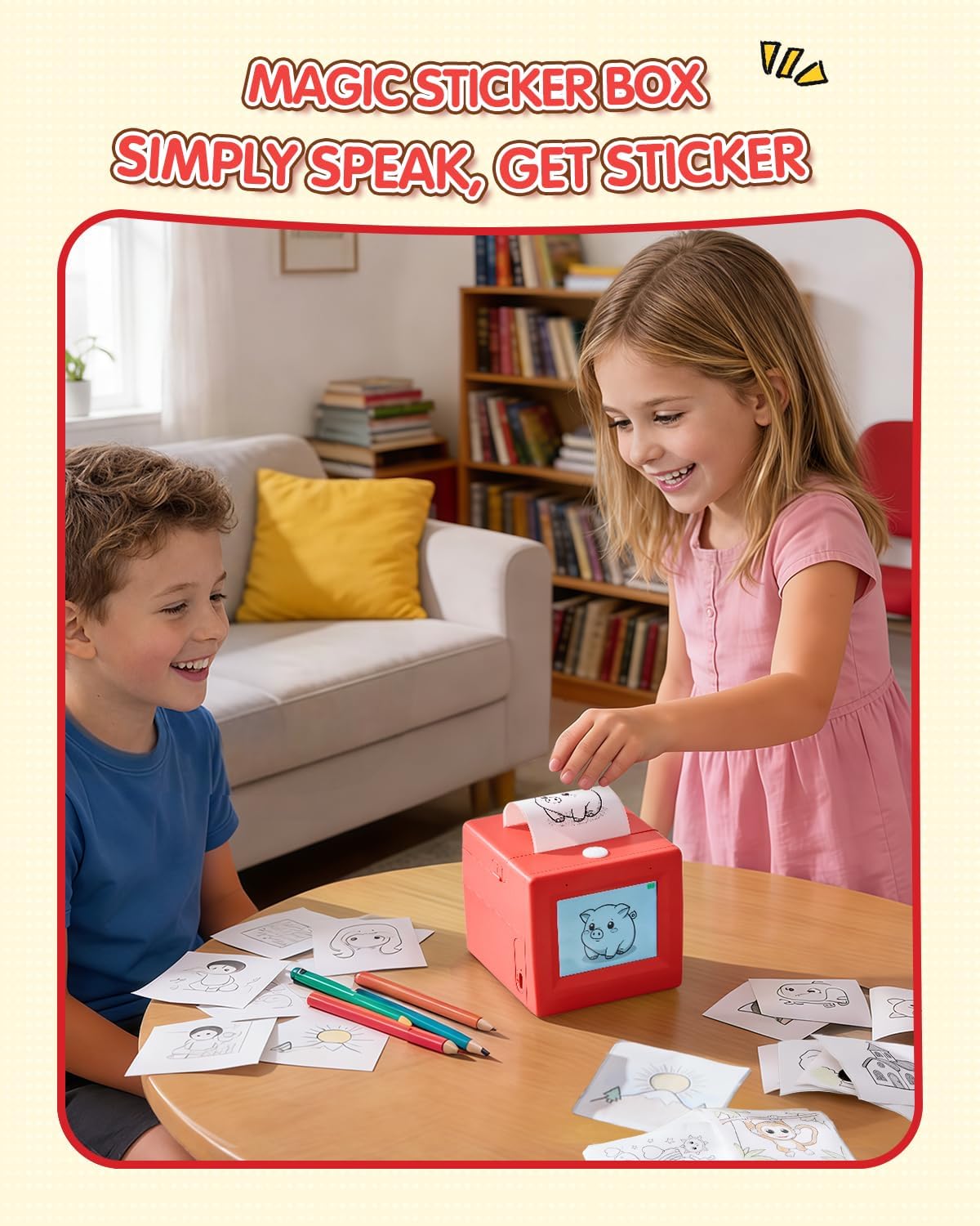 Smart AI Voice Sticker Printer Box, Magic Thermal Sticker Maker with Display, Inkless Portable Sticker Box for Home, Office, Study & DIY Projects, 5 Rolls Paper Included