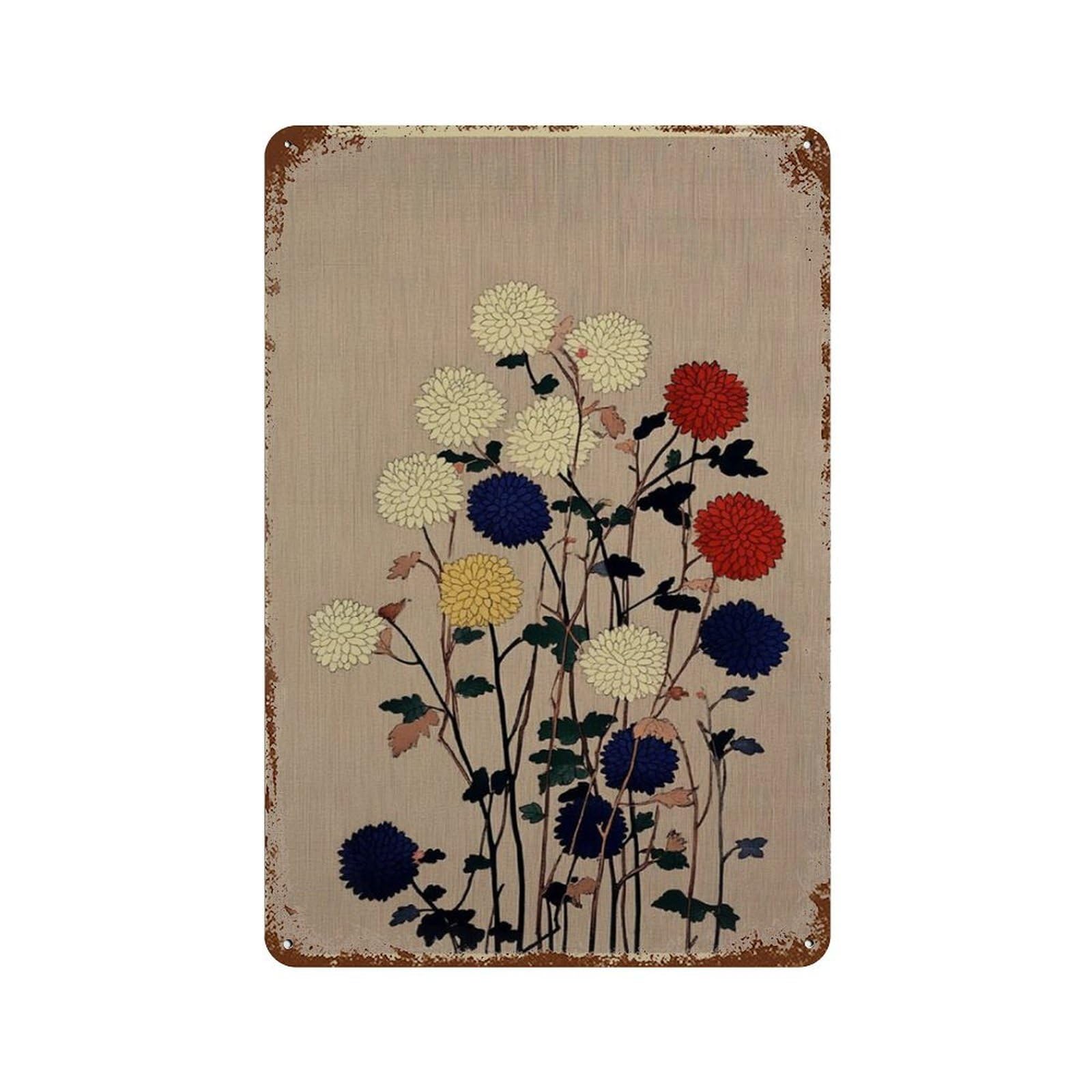 xiaoxiaoshen Japanese Chrysanthemum Flower Minimal Botanical Elegant Floral Wall Decor Art Metal Tin Poster Modern Home Decor Art Home Bar Shop Decorations Vintage Sign 30x20cm
