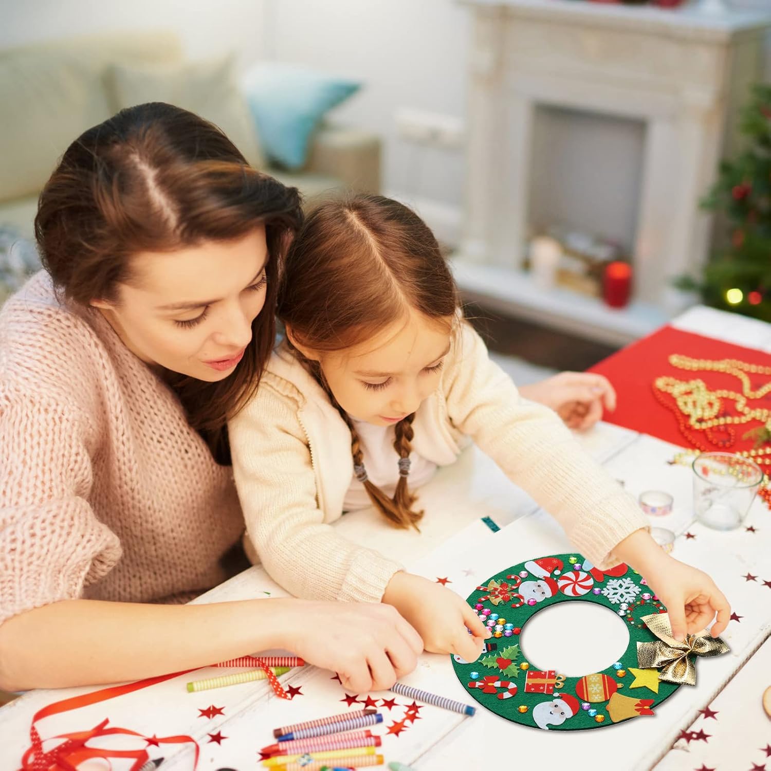 Tatuo 12 Pcs Felt Christmas Tree Wreath Decorating Craft Christmas DIY Ornaments Making Kit with 221 Self Adhesive Felt Stickers 12 Bows and 5 Gem Stickers (Wreath Style and Trees Style)