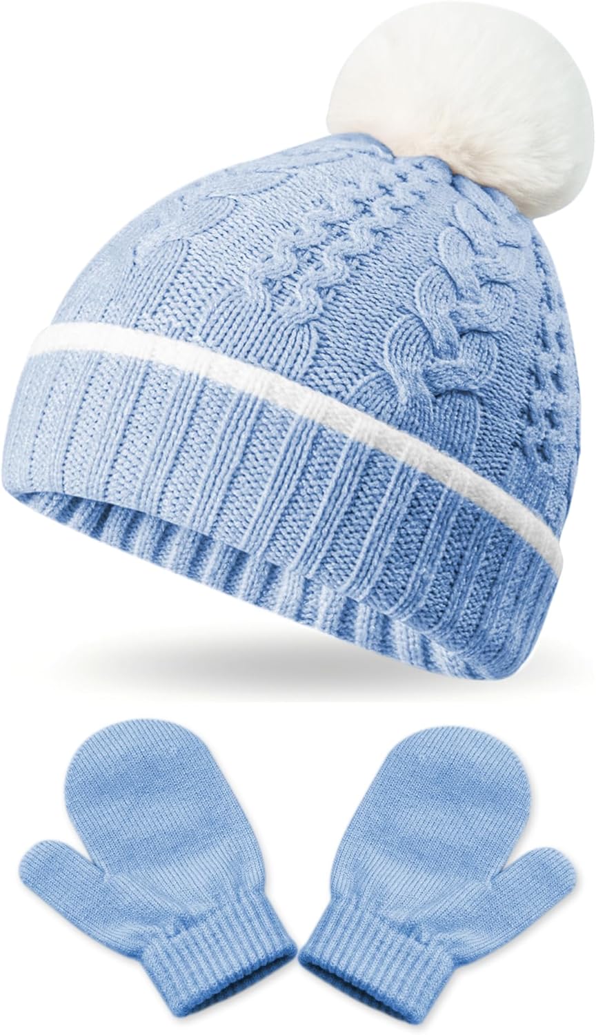 2 Pack Kids Winter Warm Beanie & Mittens Set, Soft Cable Knit Hat for Children's Toddler Baby, Cozy Cap & Gloves Pink