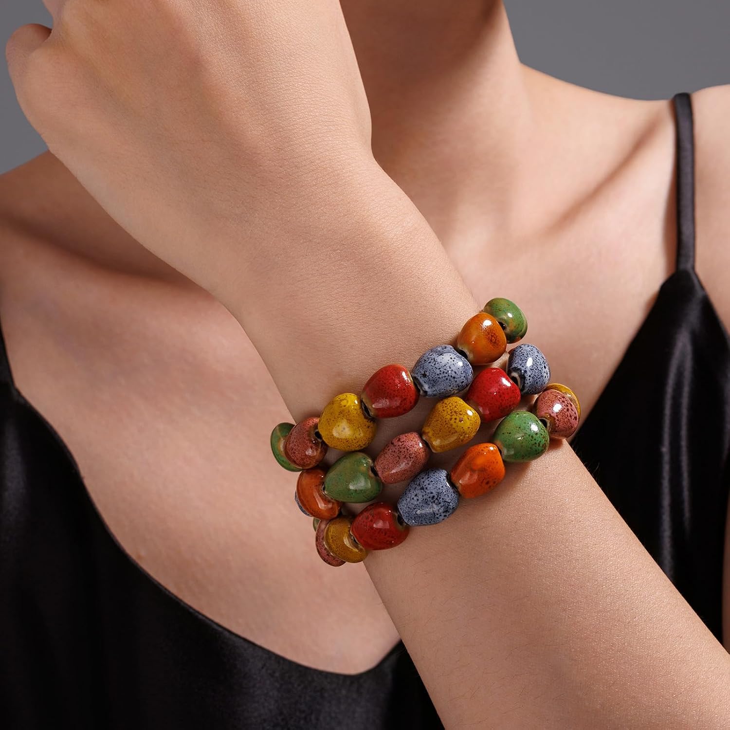 Native American Jewelry for Women,Colorful Hippie Funky Beaded Bracelet Trendy 2026 Fashion Summer Dress Statement Love Heart Bohemian Long Bead Necklace Stretch 3 Row Wide Beach Ceramic Accessories