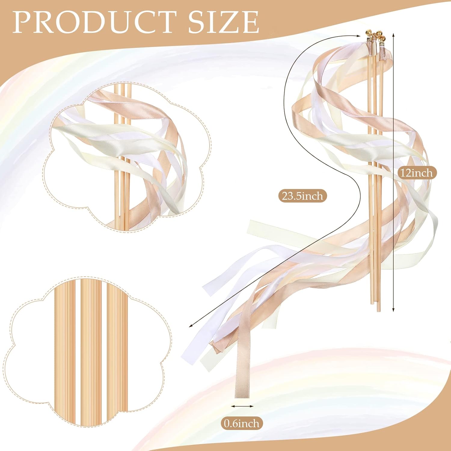 Chalyna 100 Pieces Lace Ribbon Wedding Sticks Colorful Ribbon Streamers Party Streamers with Bells Silk Fairy Stick Wands for Wedding, Party, Holiday, Activities(White, Brown, Champagne)