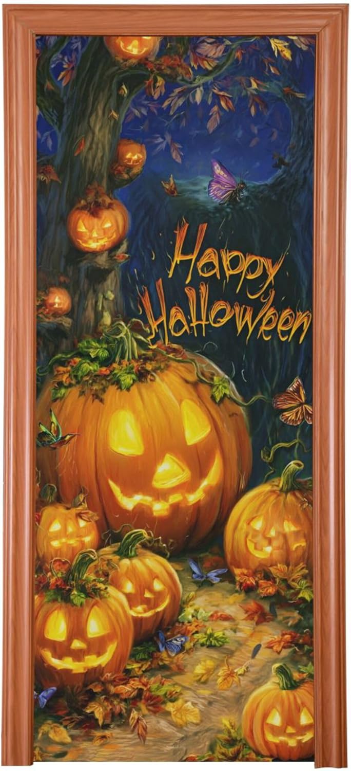 Burbuja Happy Halloween Door Cover, Stretch Fabric Backdrop Door Porch Covers for Home Party Holidays Decoration, 35x79 in