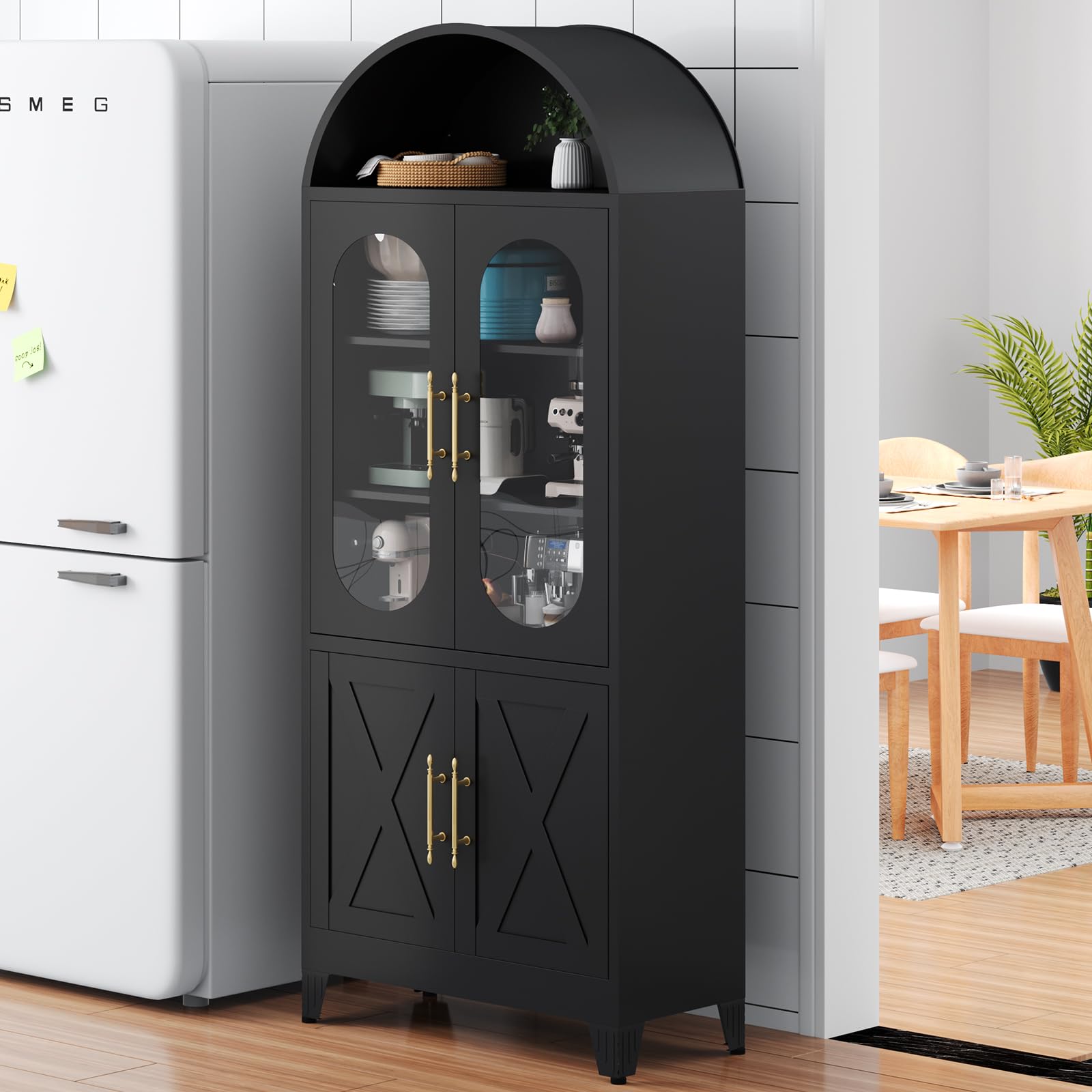 KAIFAM 73" Tall Metal Arched Cabinet, Kitchen Pantry Cabinet with Glass Doors & 3 Adjustable Shelves, Arched Bookshelf Cabinets for Kitchen, Bathroom,