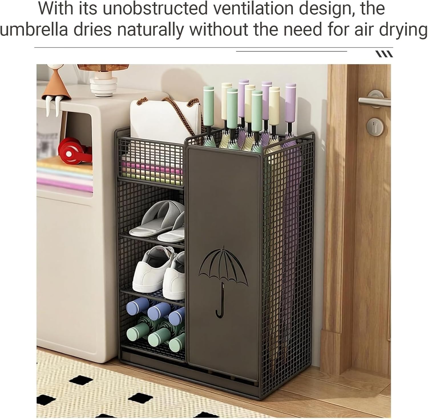 Double Layer Entryway Large Capacity Umbrella Stand with Handle Design, Commercial Metal Umbrella Holder with Removable Drip Tray for Home, Hotel