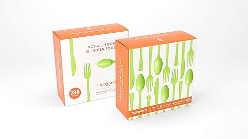 Vista 46 de Tiger Chef - Cubertería de plástico de color resistente, incluye tenedores, cucharas para el té y cuchillos, Transparente Claro