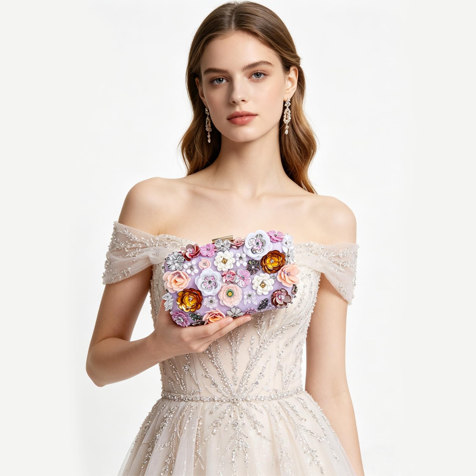 EVEOUT Clutch de 3D Flores Mujer Elegante Bolso de Mano de Noche de Cristal con asa y Cadena para Boda Fiesta Baile