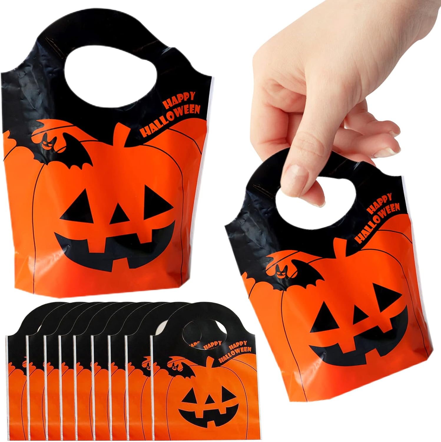 50PCS Plastic Halloween Party Bags Halloween Pumpkin Candy Bags Treat