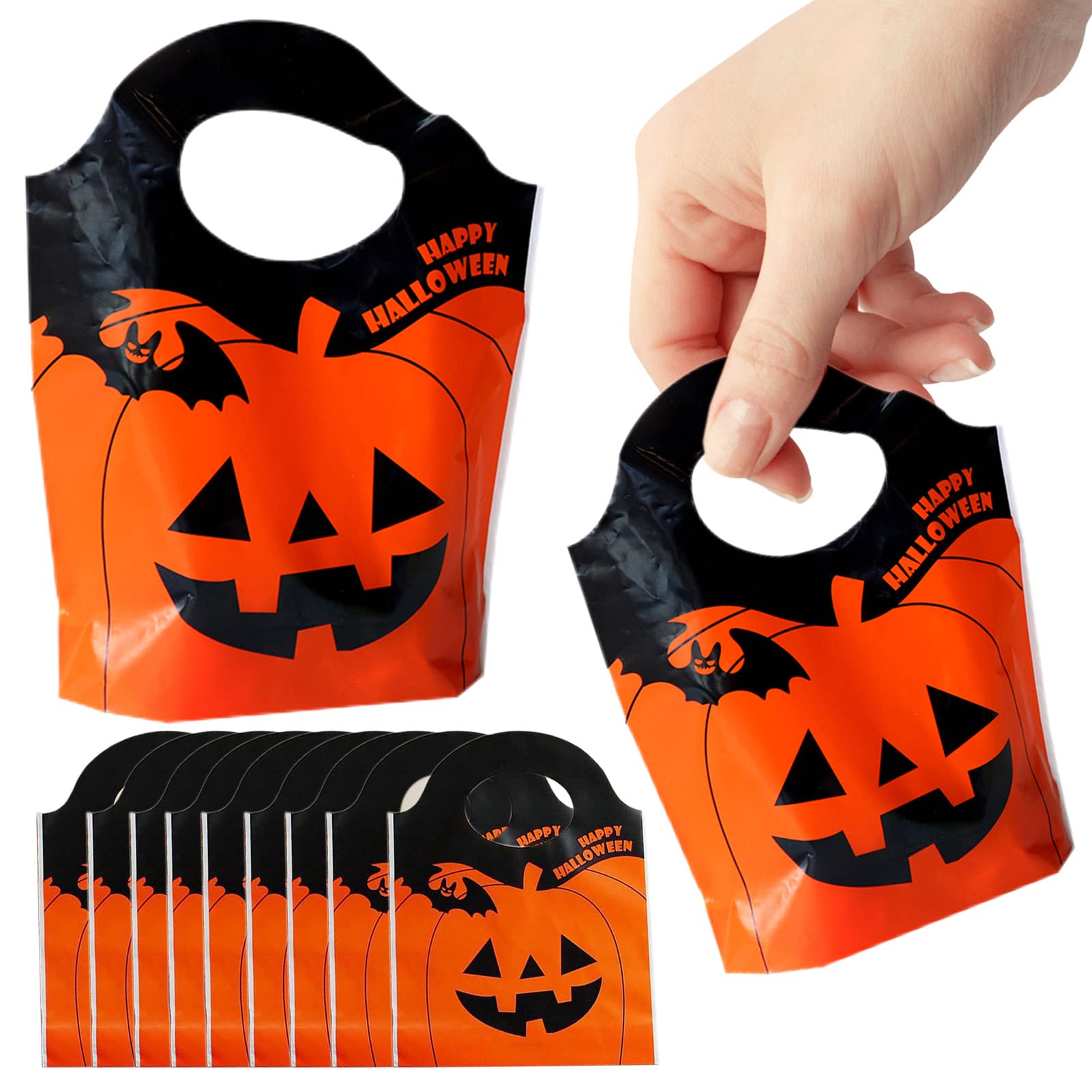 50PCS Plastic Halloween Party Bags Halloween Pumpkin Candy Bags Treat Bags Party Favors Halloween Trick Or Treat Goody Gags Gift Bags Tote Gift Bags For Kids Sweets Snacks Cookies Presents With Handle