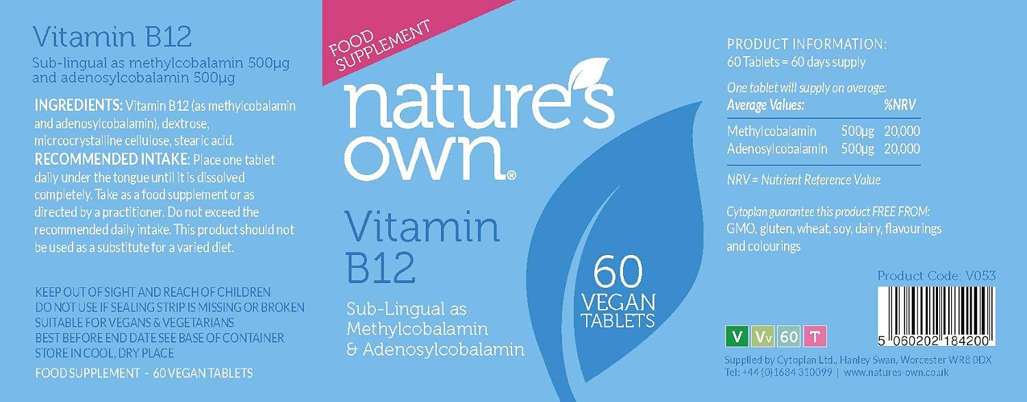 Nature's Own Vitamin B12 Sub-lingual as Methylcobalamin & Adenosylcobalamin (60 Vegan Tablets), 60 count (Pack of 1) - Image 3