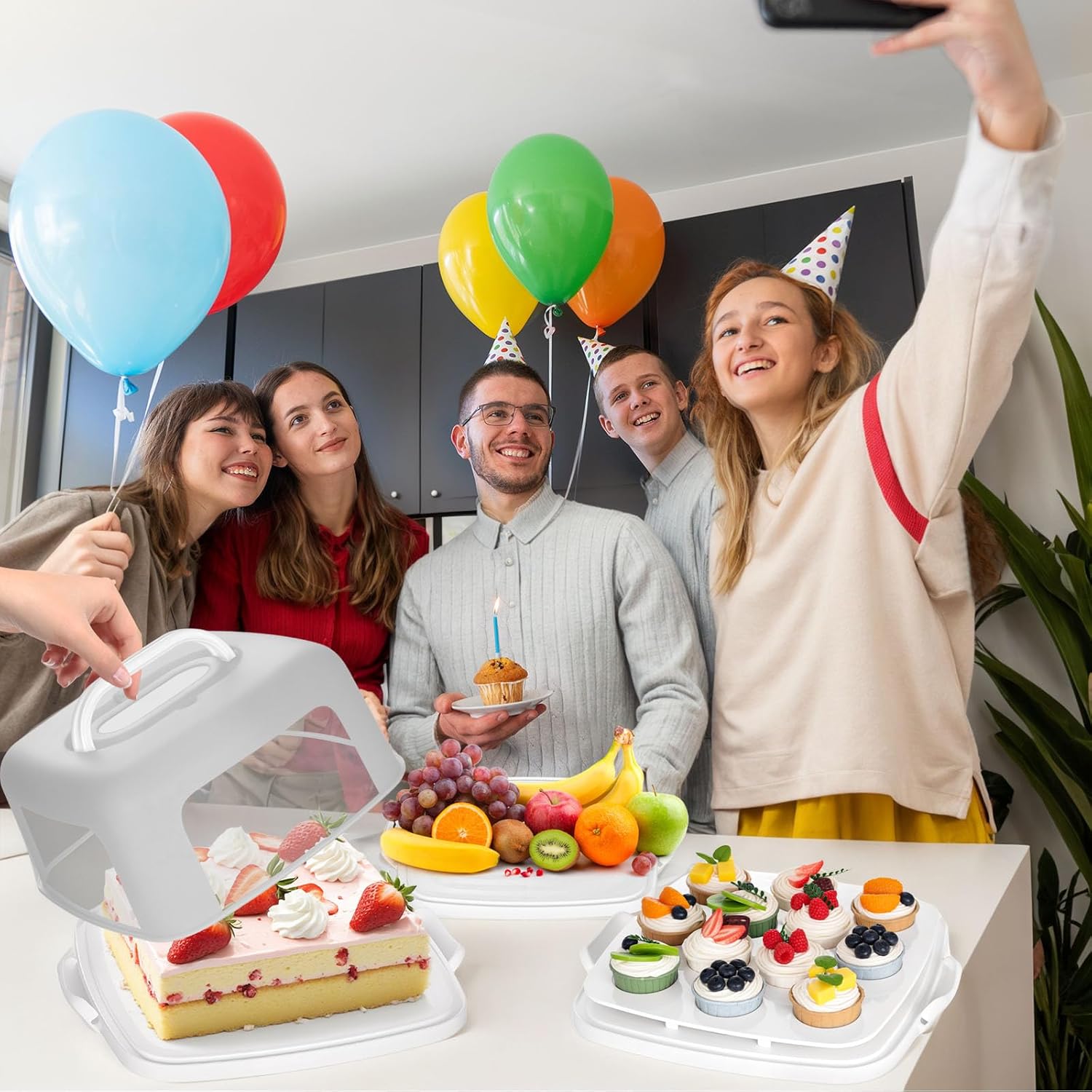 VGOODALL Cupcake and Cake Container with Lid, White Square Cake Carrier 12 Capacity Cup Dessert Holder with Handle for Pie Muffin Cobbler Family Picnics and Party Events, 2-in-1 Design