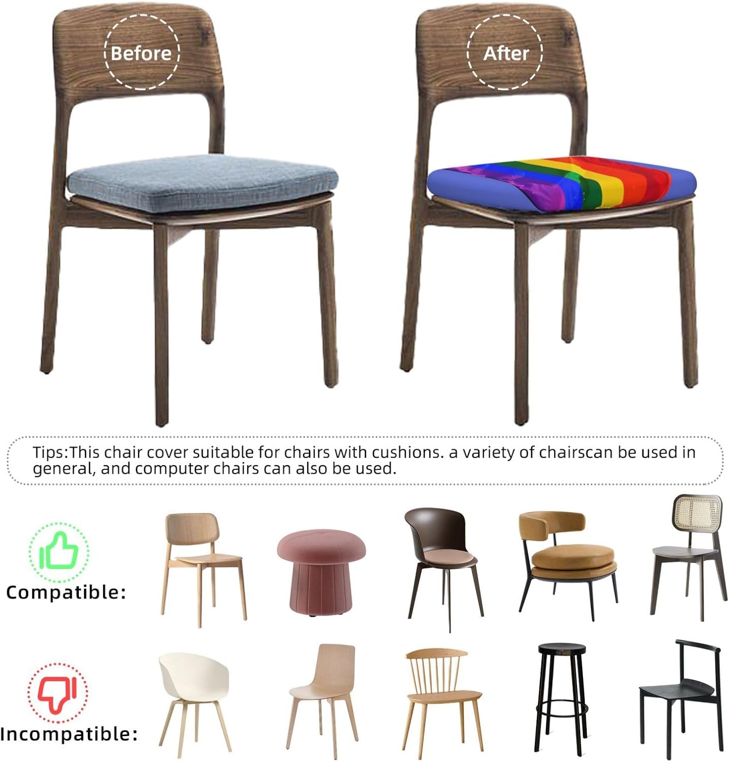 Rainbow Flag Print Square Cushion Covers 6 Pcs Set Elastic Non-Slip Seat Cushion Slipcovers Pet Furniture Protectors for Chair, Sofa